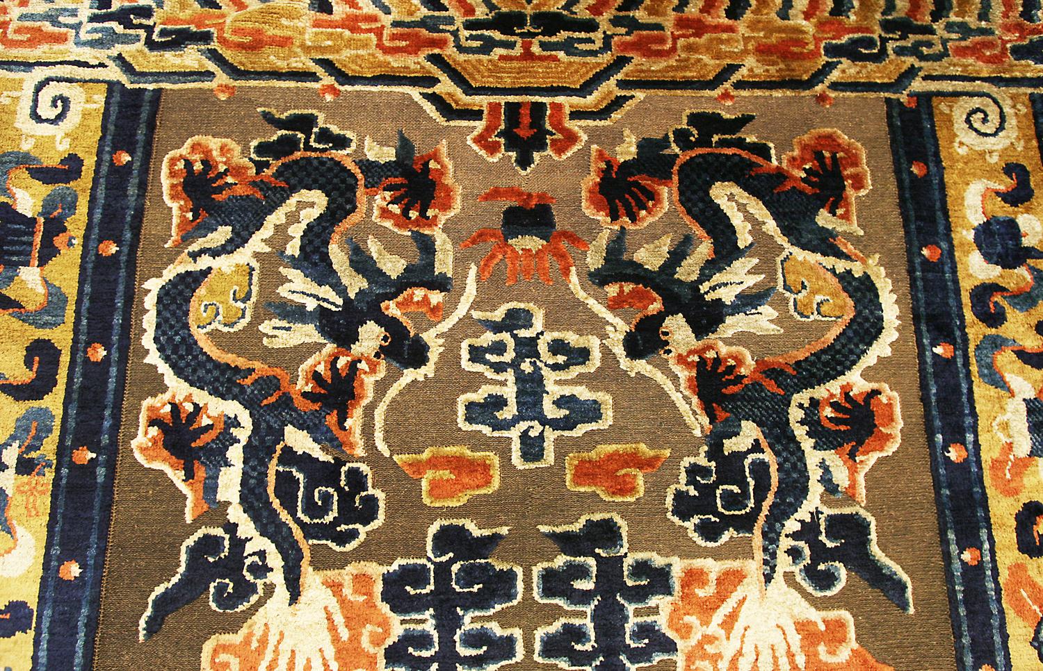 Other 19th Century Ningxia Brown Metal-Thread Imperial Palace Souf Chinese Rug For Sale
