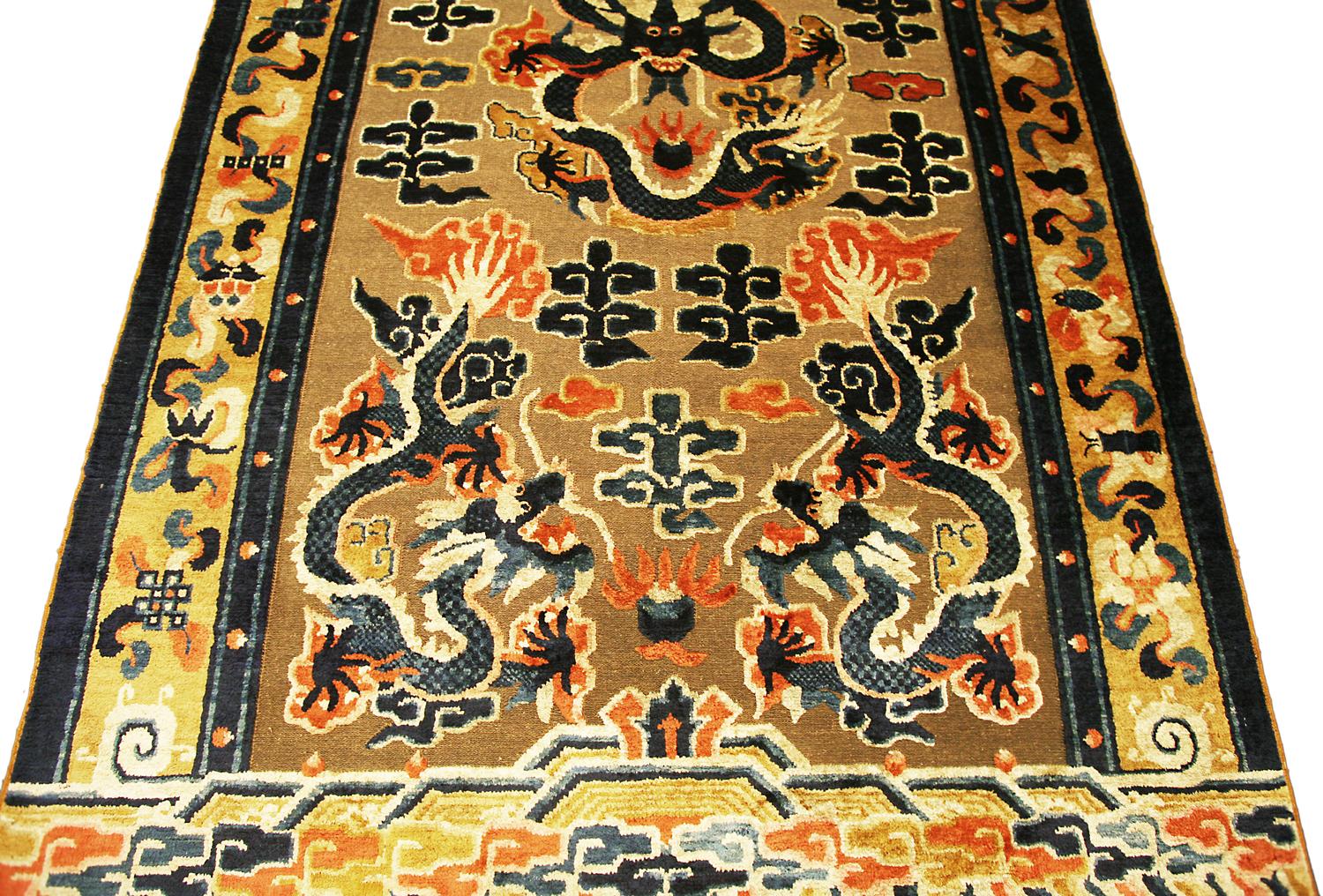 Hand-Woven 19th Century Ningxia Brown Metal-Thread Imperial Palace Souf Chinese Rug For Sale