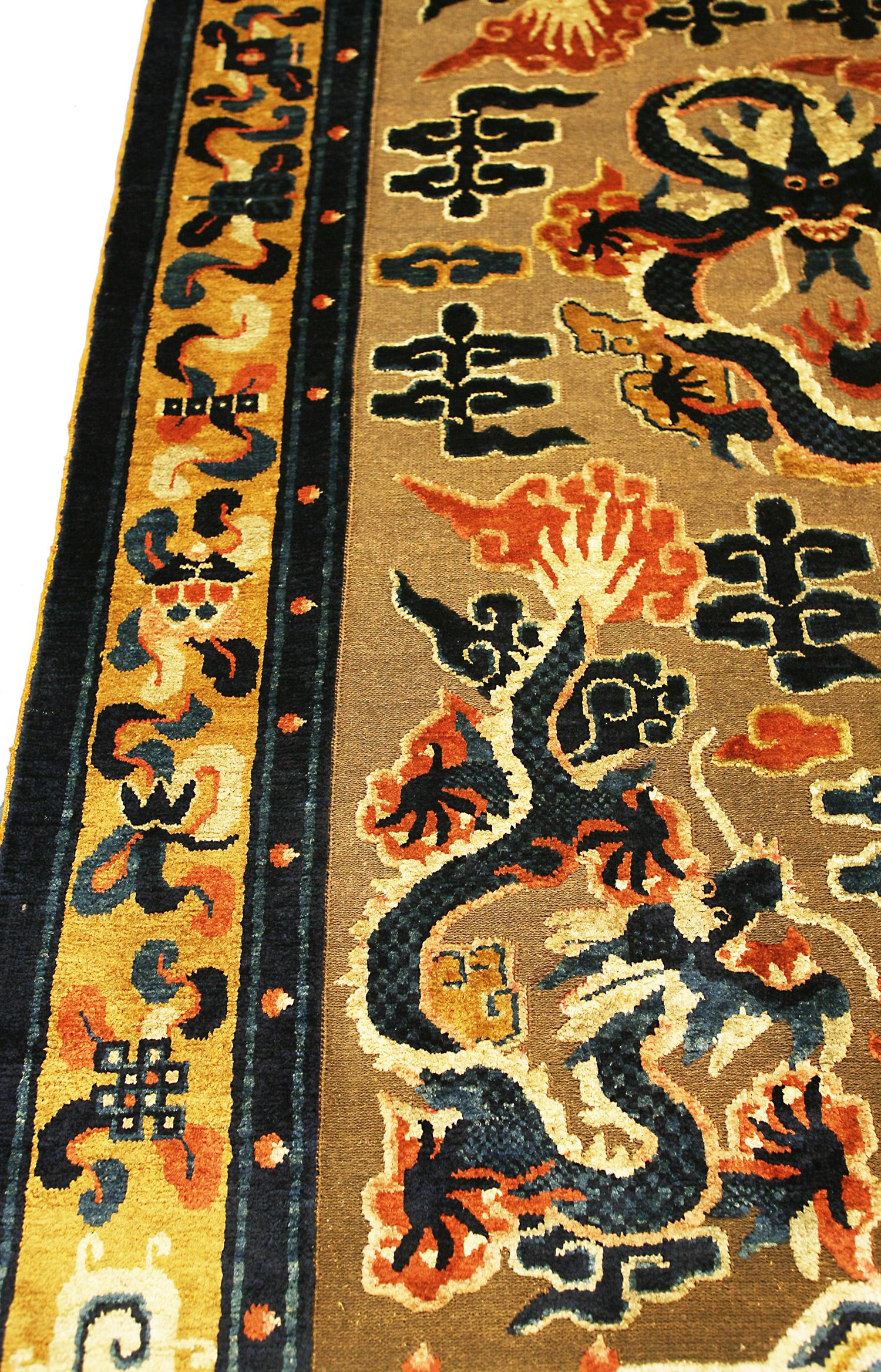 Silk 19th Century Ningxia Brown Metal-Thread Imperial Palace Souf Chinese Rug For Sale