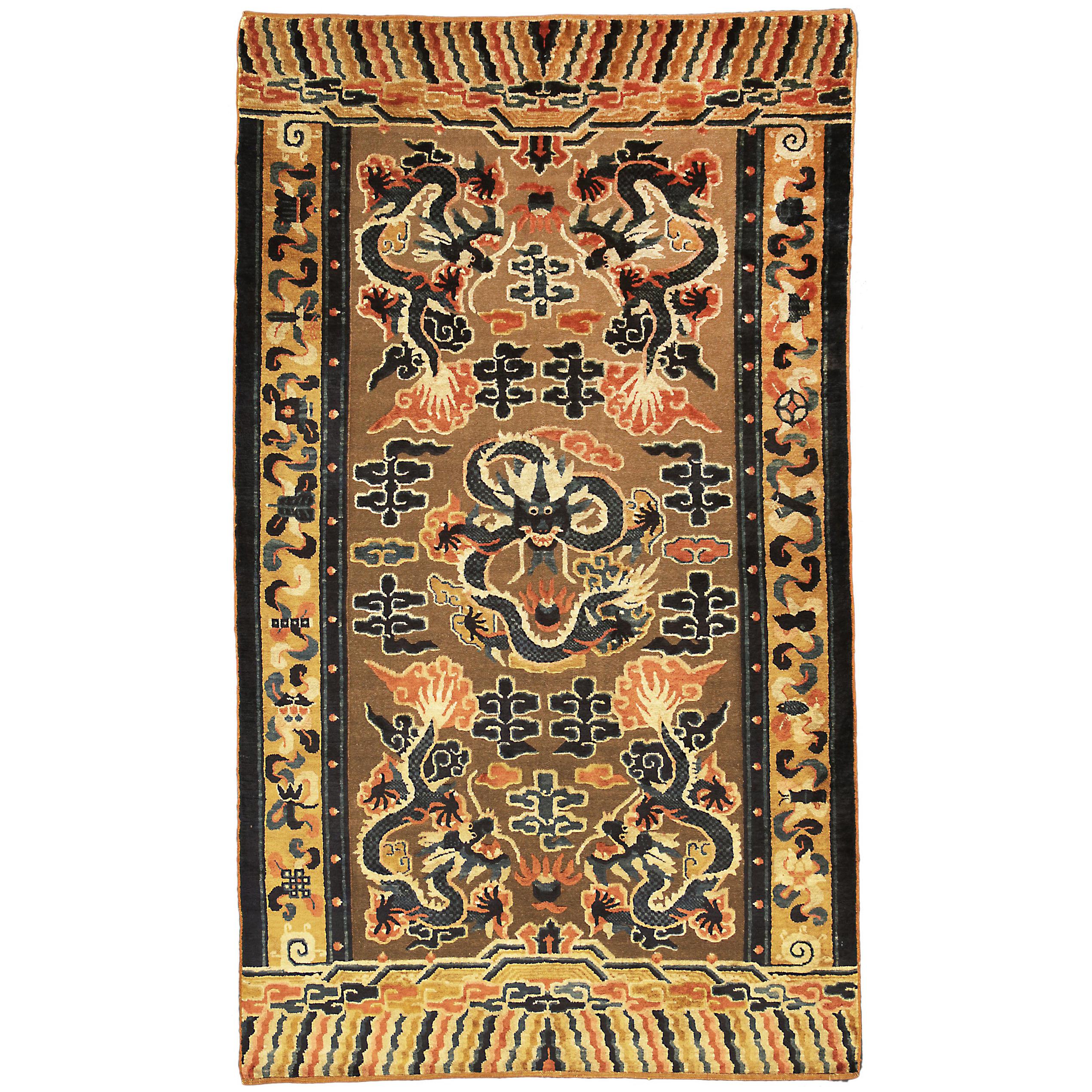 19th Century Ningxia Brown Metal-Thread Imperial Palace Souf Chinese Rug For Sale