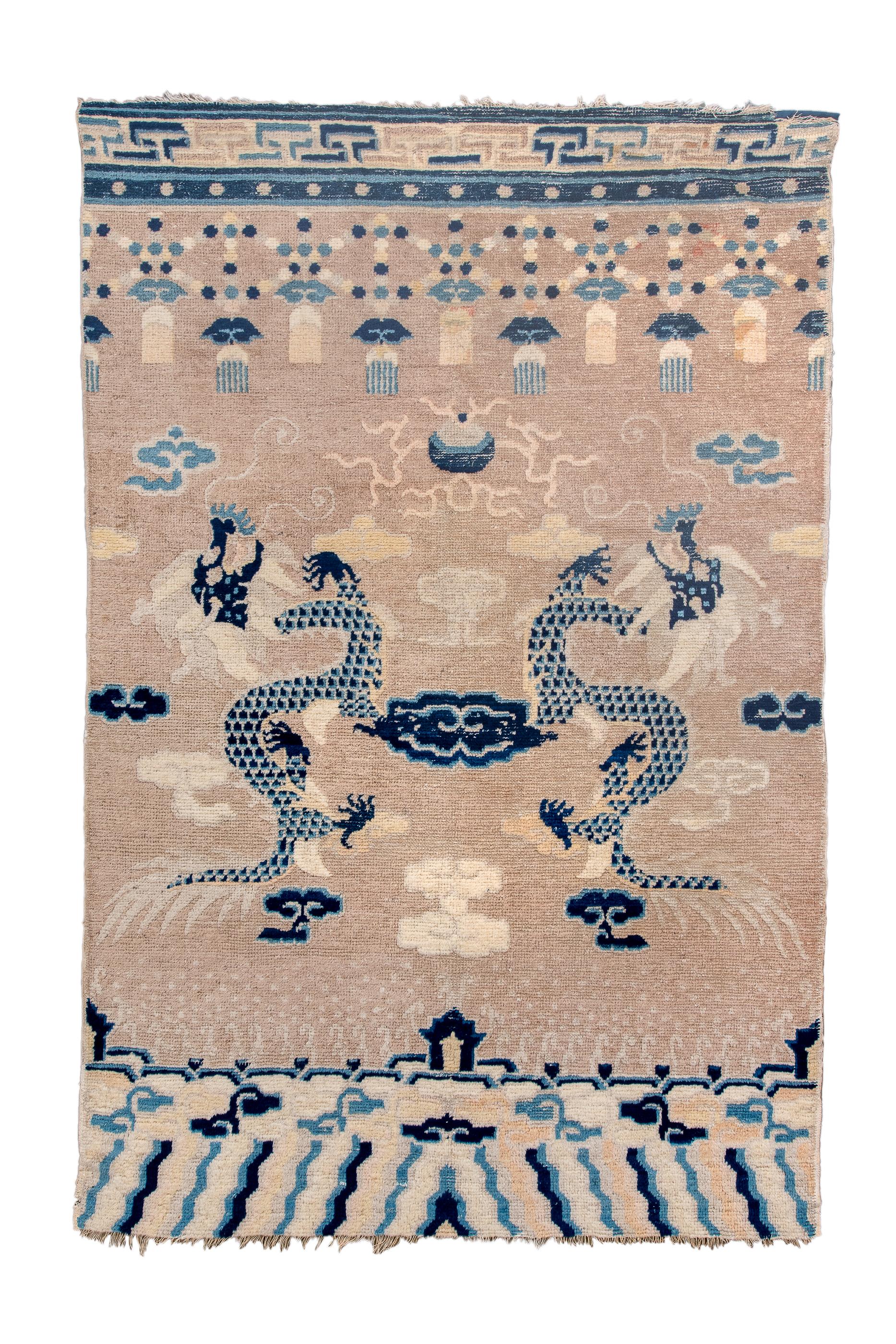 Ningxia Pillar rug, XIX century. This special hand knotted carpet was wrapped around a pillar or a column of the buddhis temples or in the imperial palaces in China, Mongolia and Tibet ( in Tibet they were called Katum). This carpet surrounds the