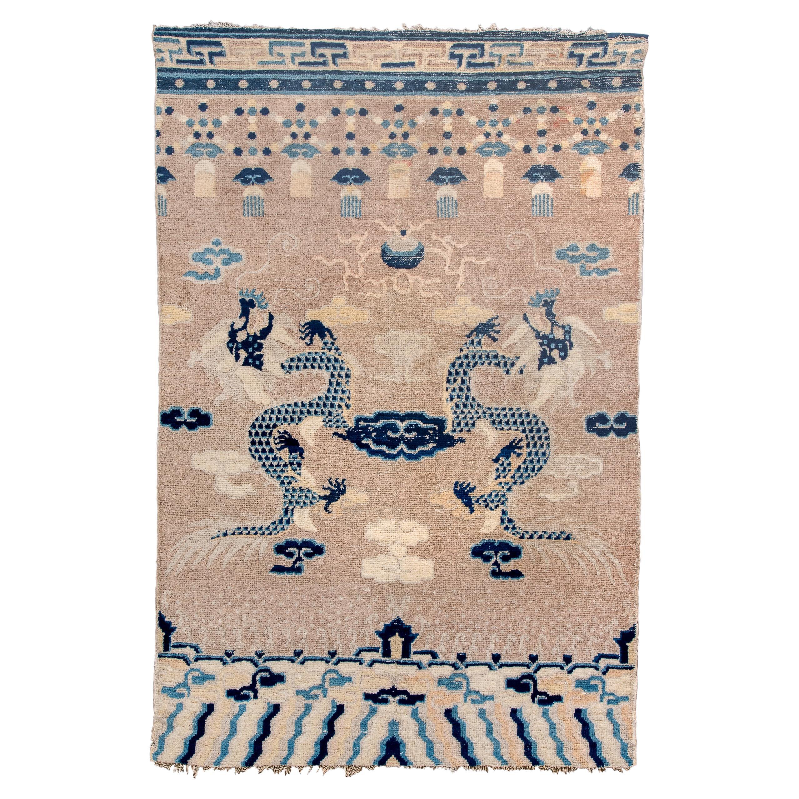 19th Century Ningxia Pillar Rug, with Beige Field and Blue Details For Sale