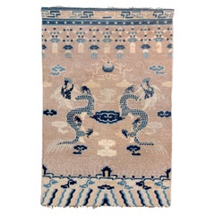 Antique 19th Century Ningxia Pillar Rug, with Beige Field and Blue Details