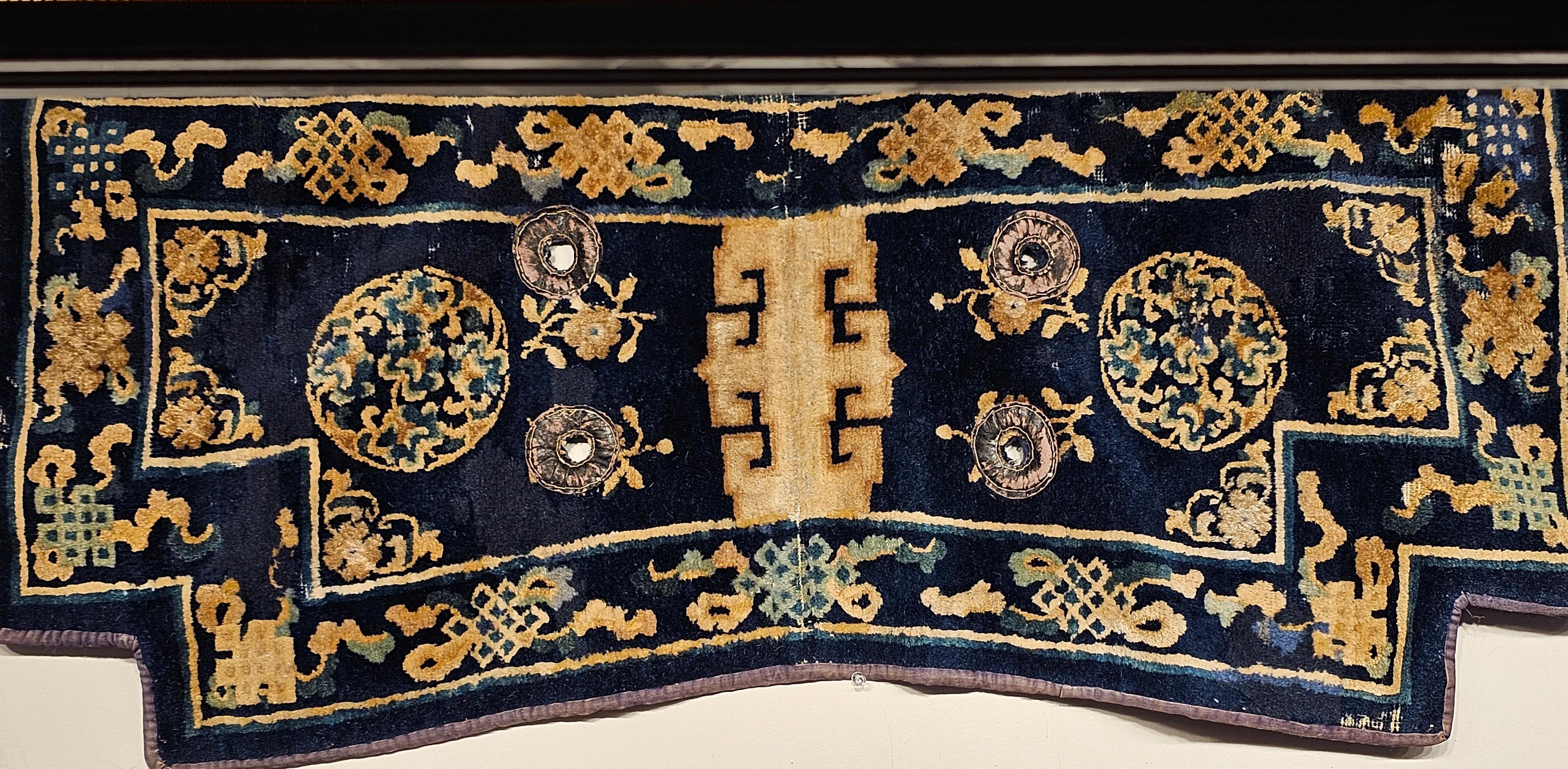 Hand-Knotted 19th Century Ningxia Saddle Cover with Auspicious Symbol Border in Indigo Blue For Sale