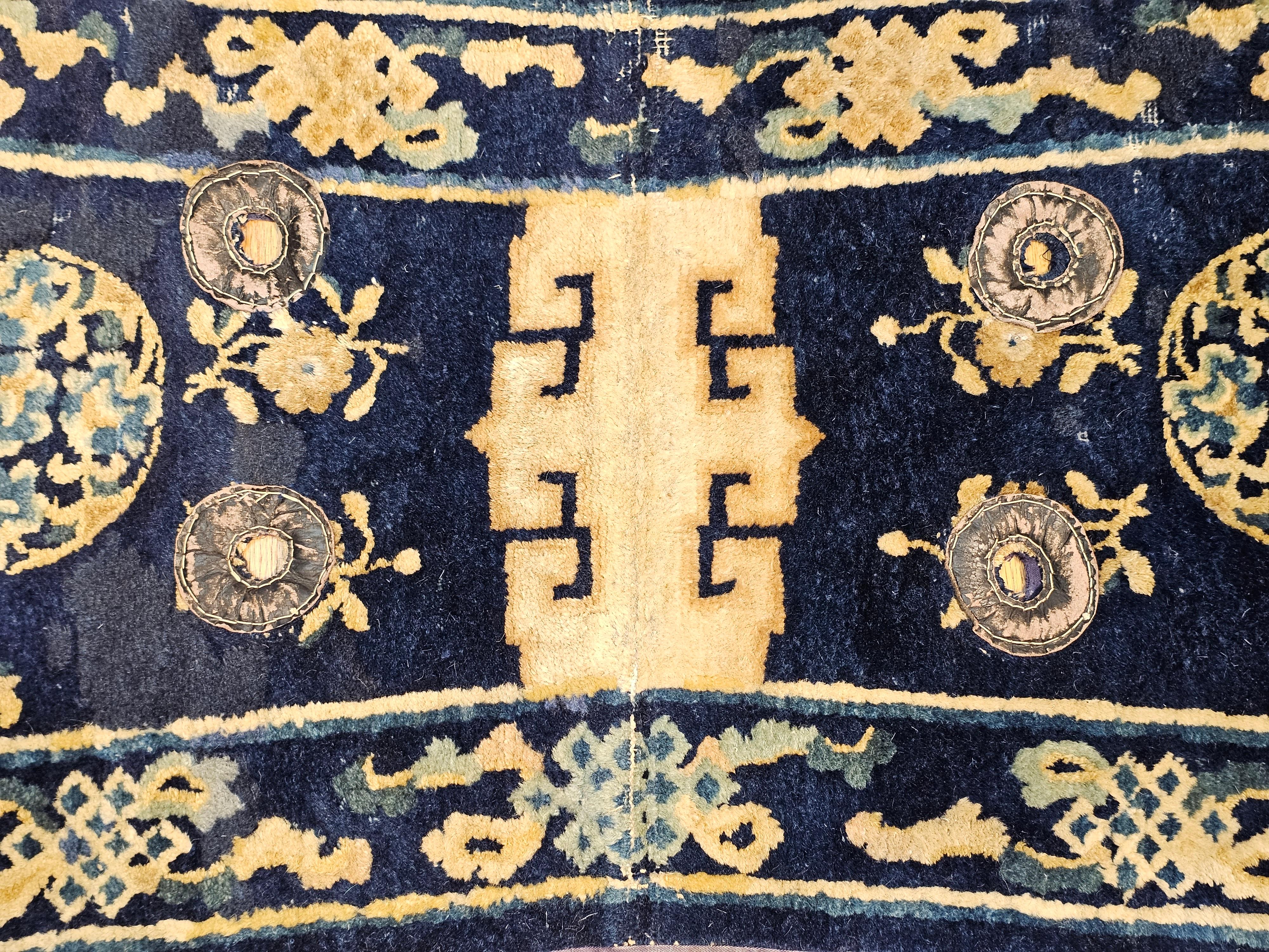 19th Century Ningxia Saddle Cover with Auspicious Symbol Border in Indigo Blue For Sale 1