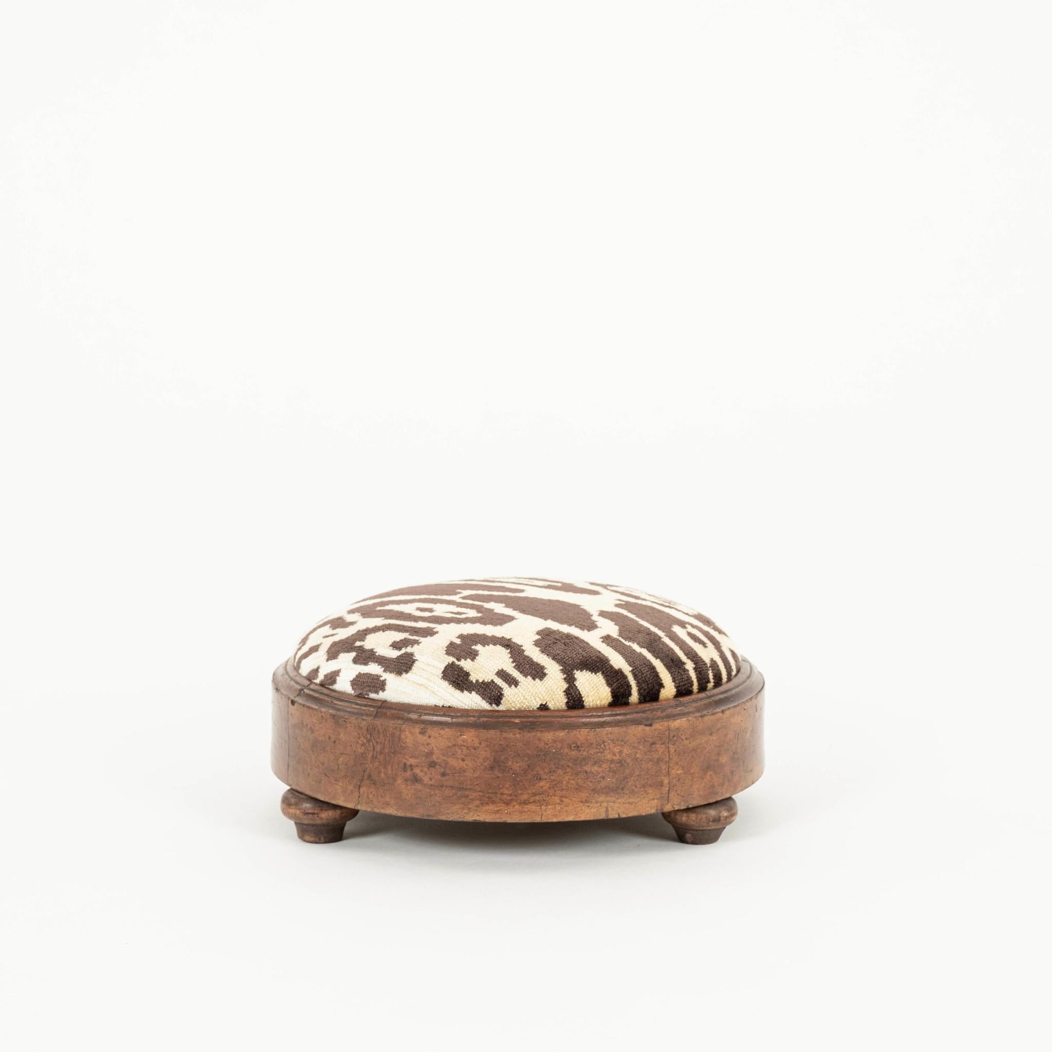 19th Century French walnut footstool newly upholstered in Nobilis Leopard Velours fabric.