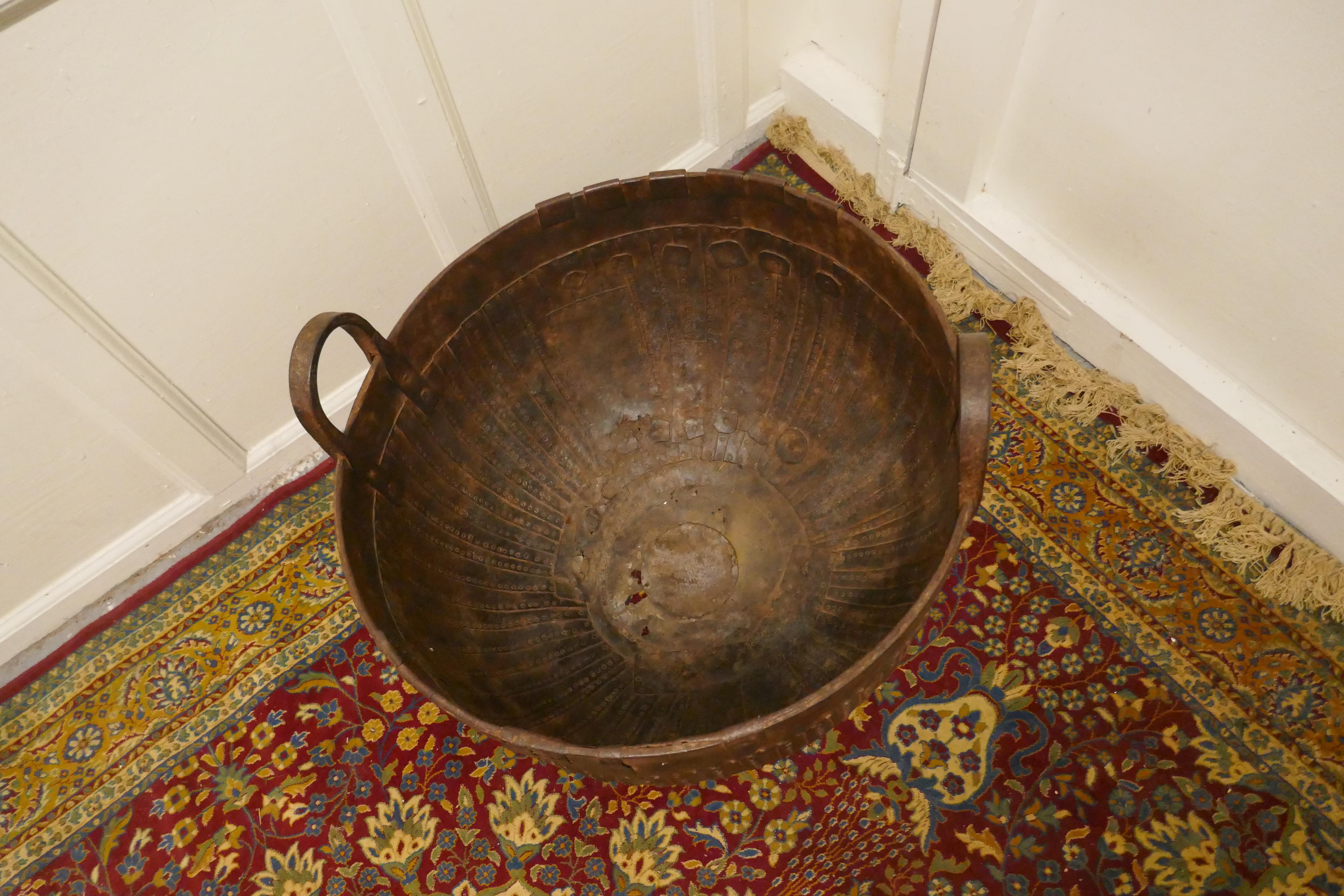 Iron 19th Century North African Cooking Pot, Brutalist Log Basket