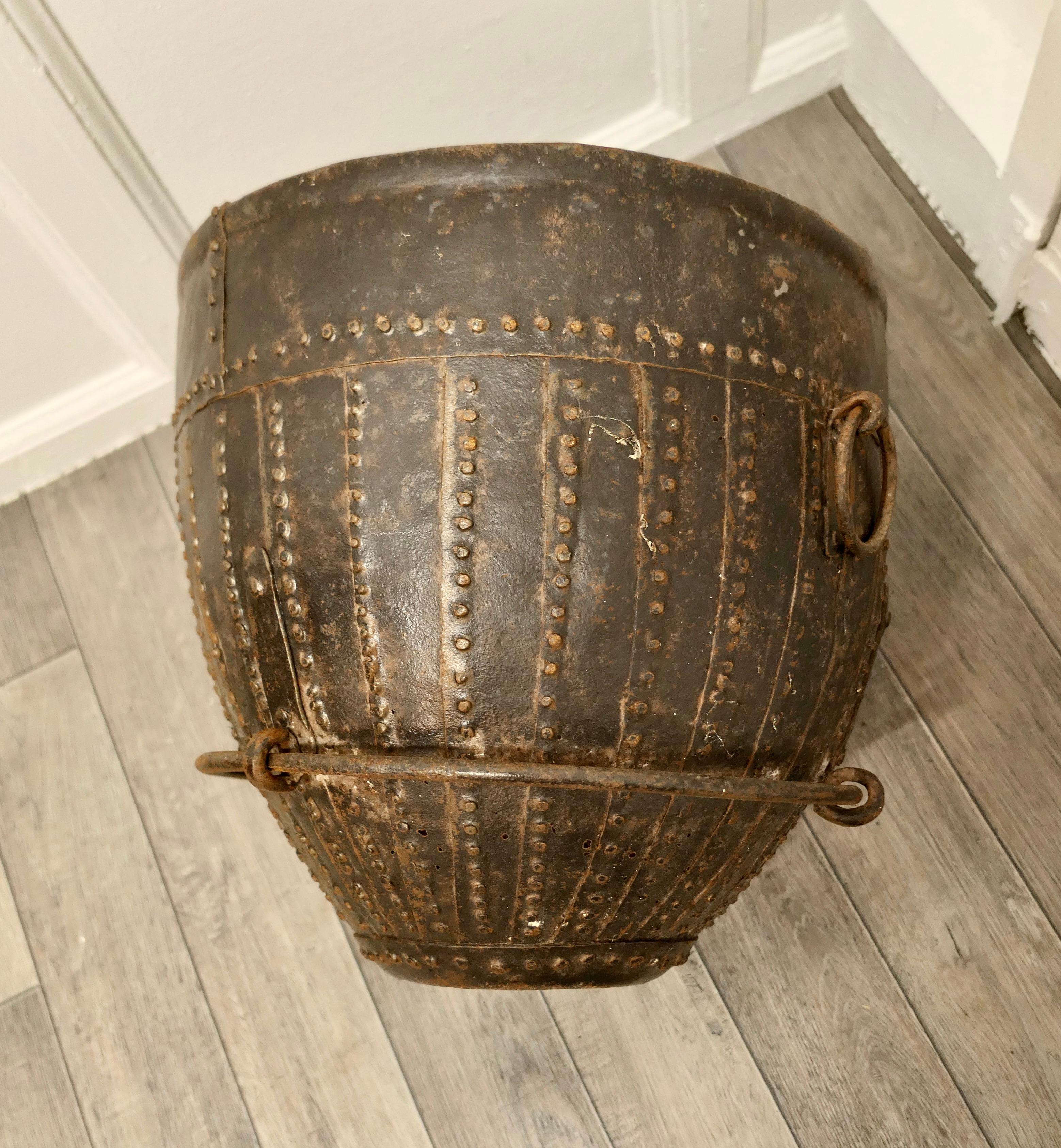 Iron 19th Century North African Cooking Pot, Brutalist Log Basket For Sale
