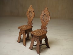 19th Century North Italian Pair of Geometric Bone Inlaid Sgabello Hall Chairs