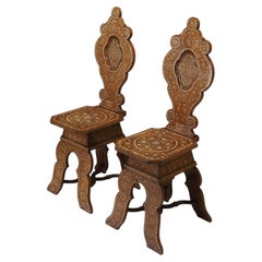 19th Century North Italian Pair of Geometric Bone Inlaid Sgabello Hall Chairs