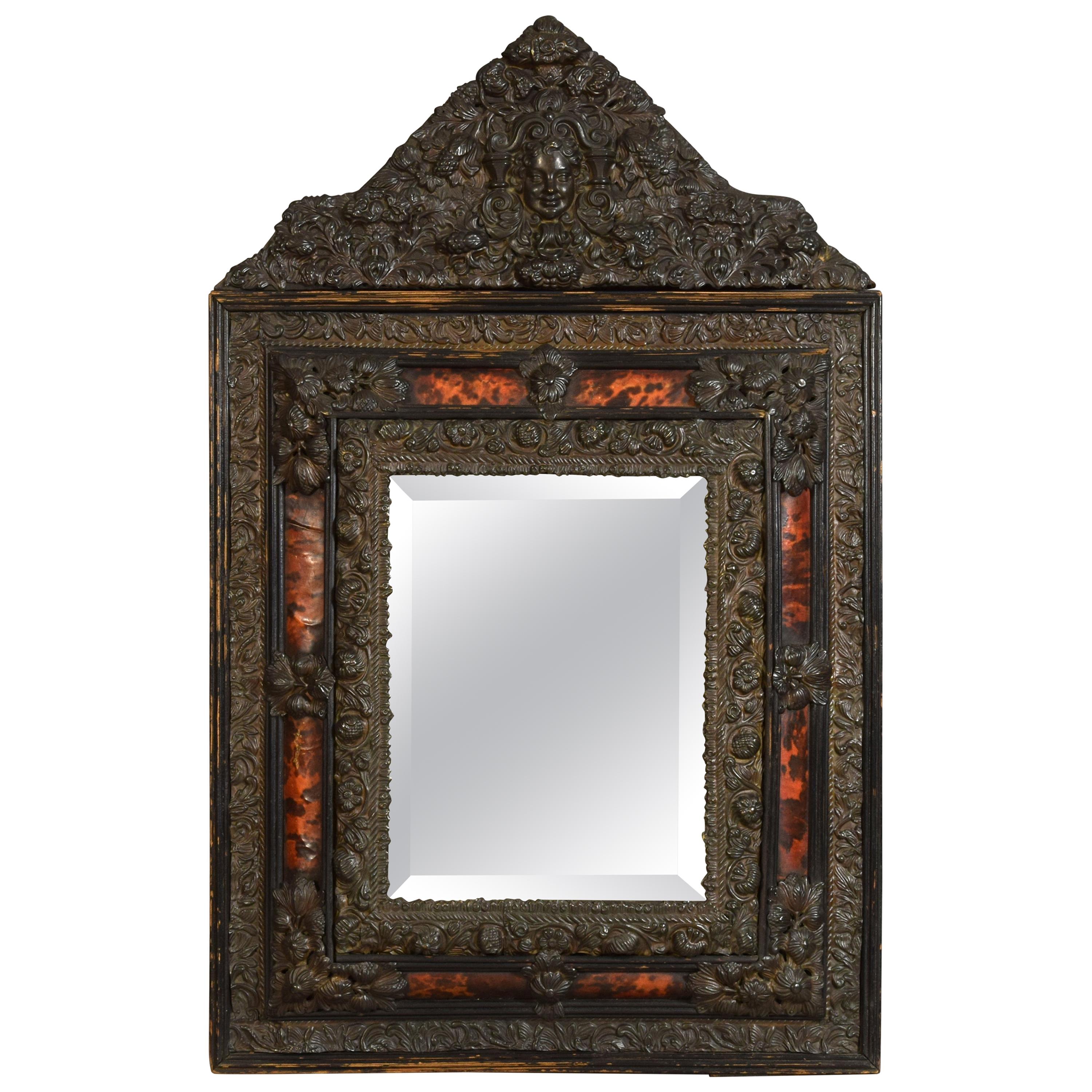 19th Century, Northern Europe Embossed and Burnished Metal Mirror