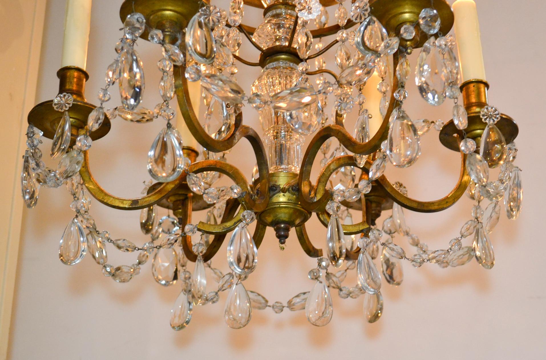 Great 19th century northern Italian gilt bronze and crystal 6-light chandelier.