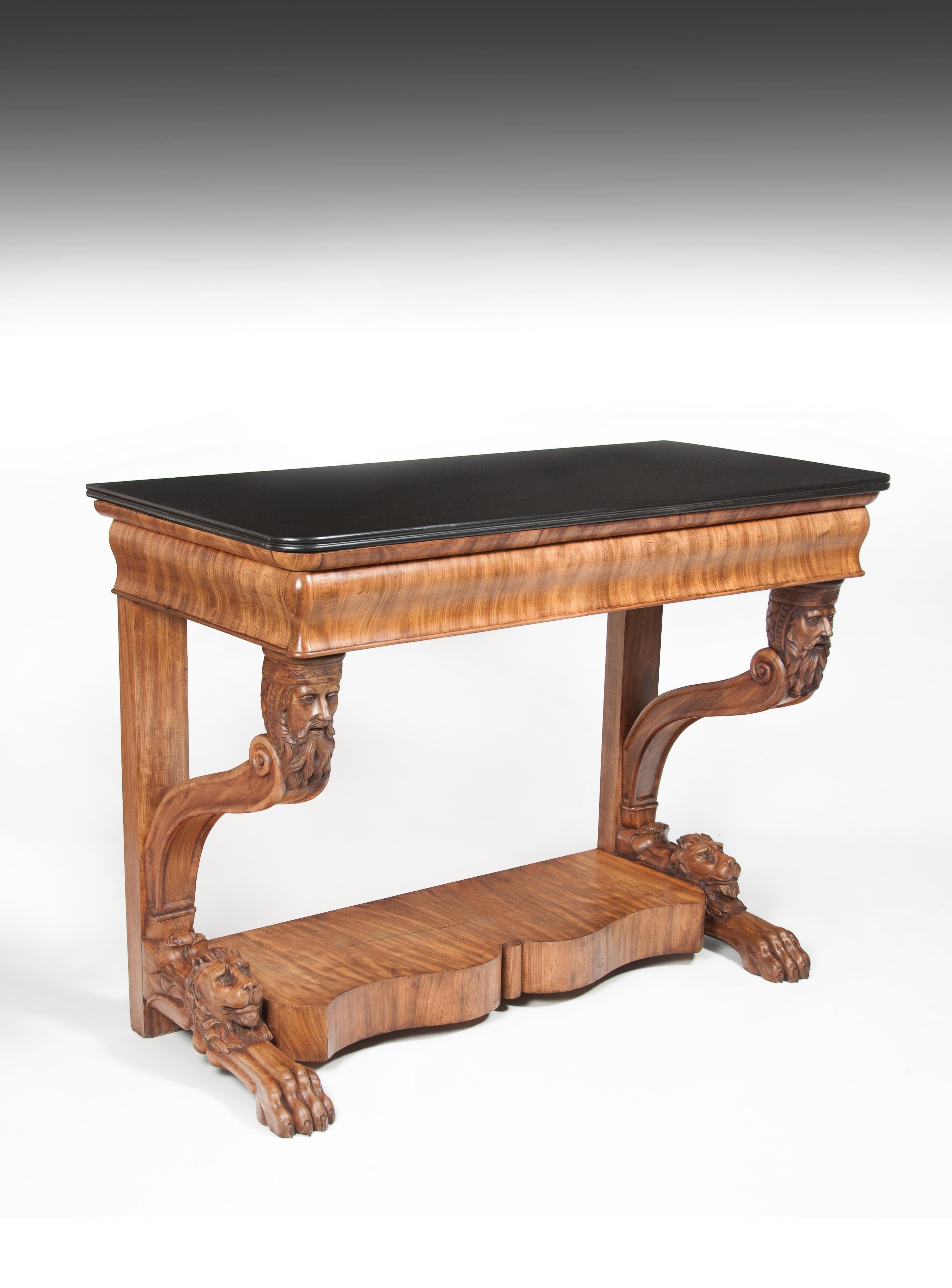 Rare bleached mahogany Northern Italian console table with a black Belgium marble top in the French Louis Philippe manner.

Italian, circa 1840. 

This Fine quality and unusual bleached mahogany console table of grand proportions, has a