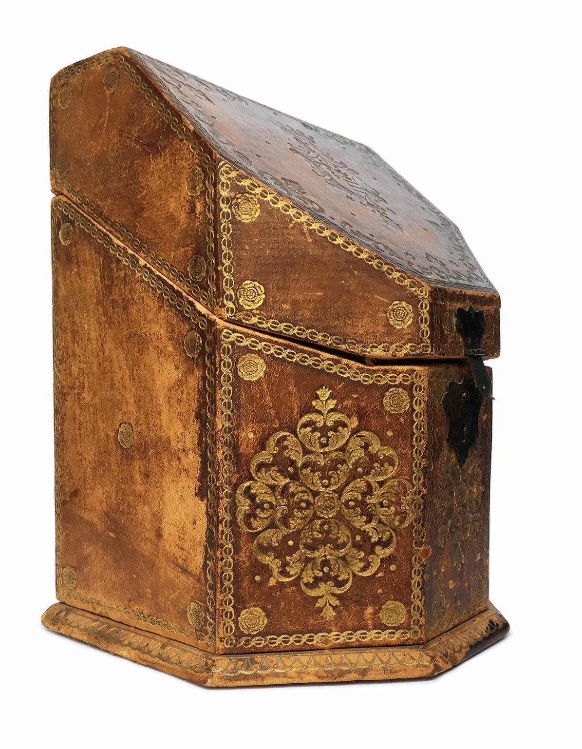 Gilt 19th Century Northern Italy Wood and Leather Cutlery Box, circa 1870
