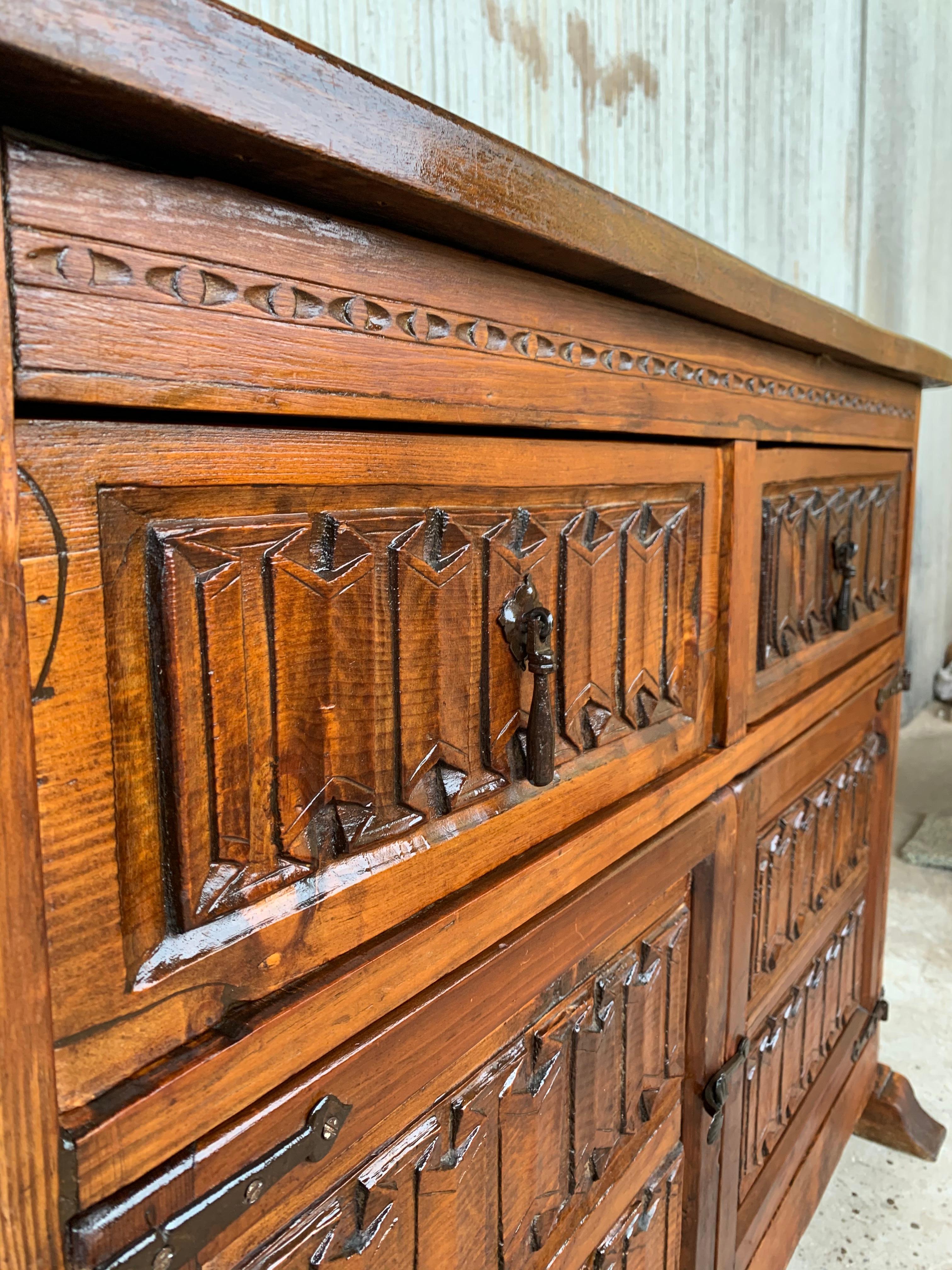 19th Century Northern Spanish Carved Pine Console Sofa Table, Two Drawers 3