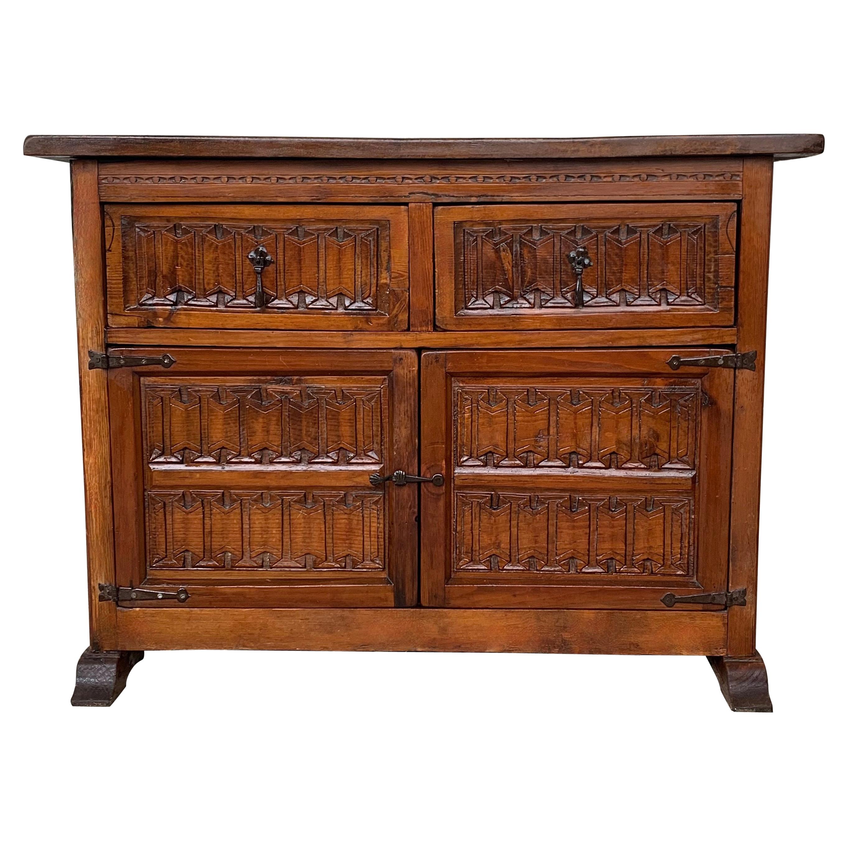 19th Century Northern Spanish Carved Pine Console Sofa Table, Two Drawers