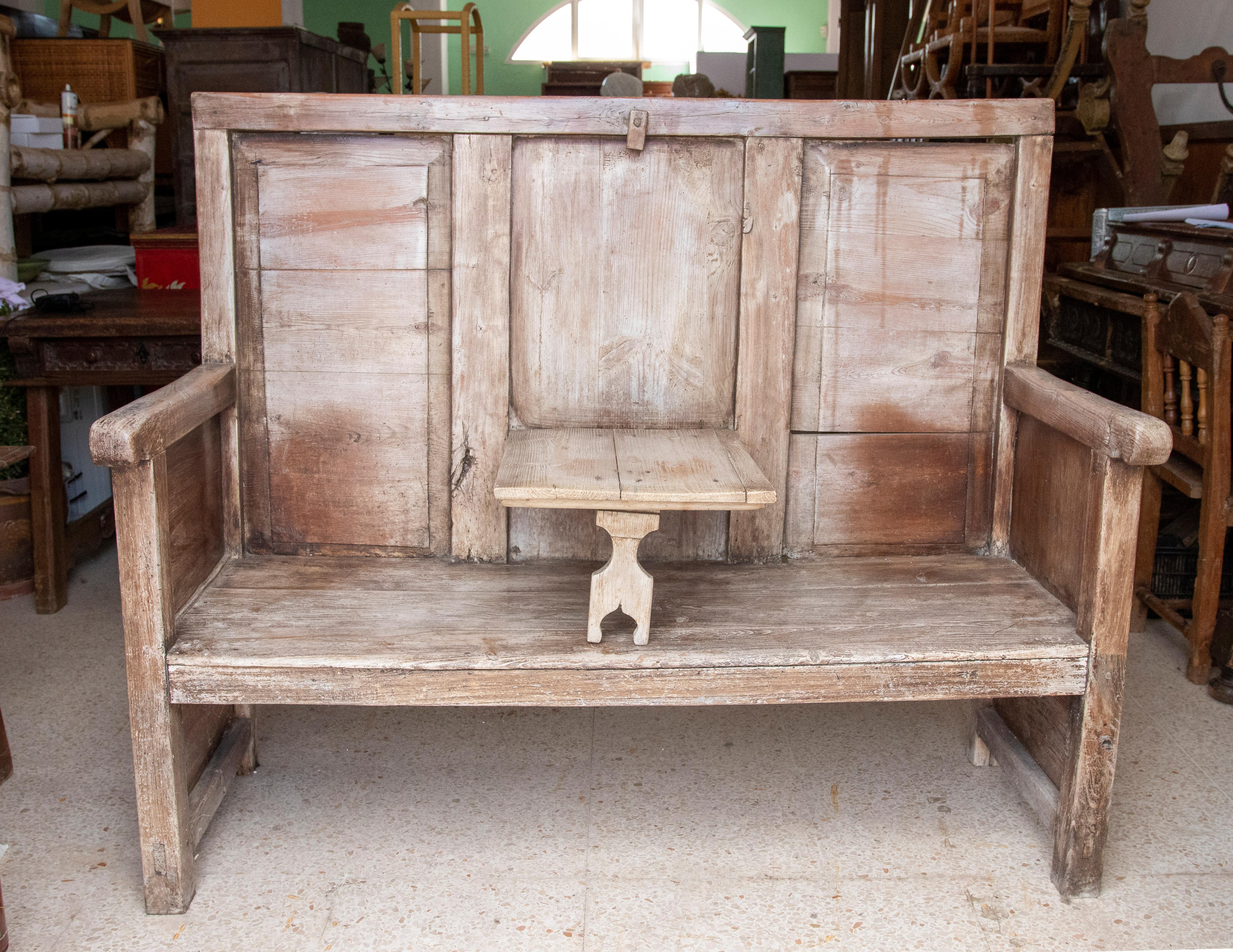 19th Century Northern Spanish wooden bench with folding table.