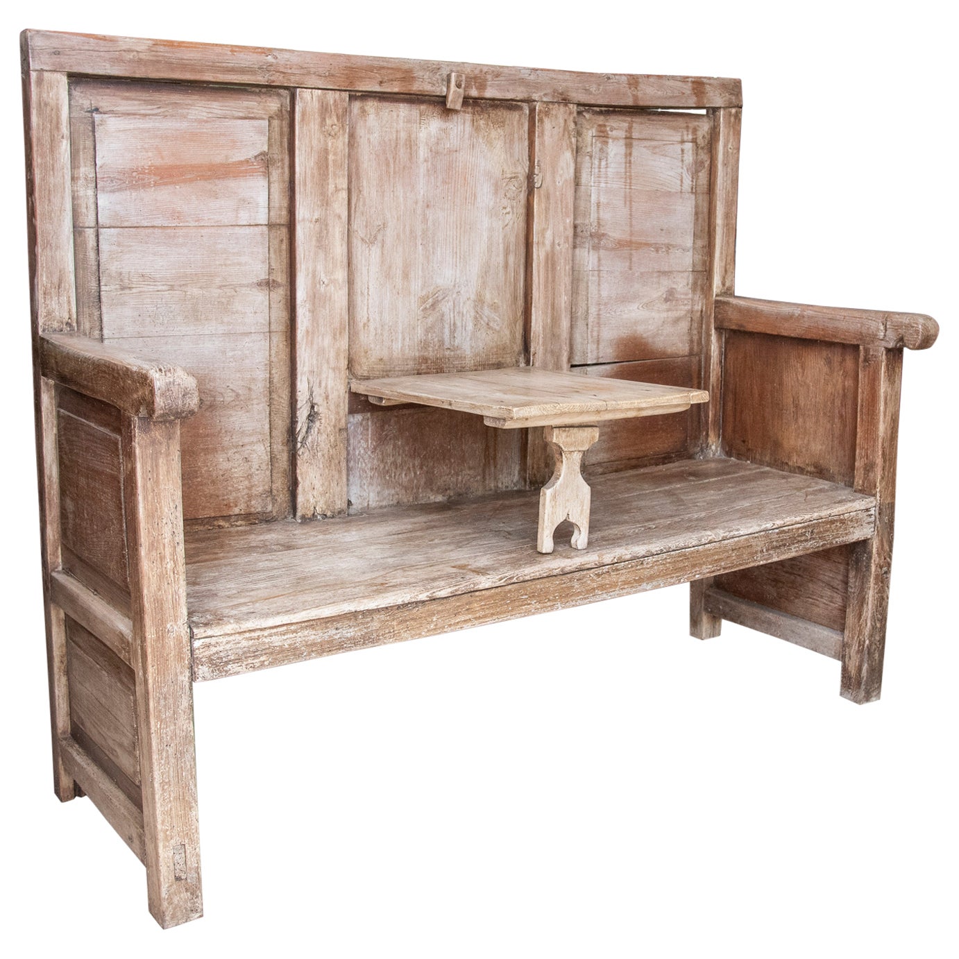 19th Century Northern Spanish Wooden Bench with Folding Table