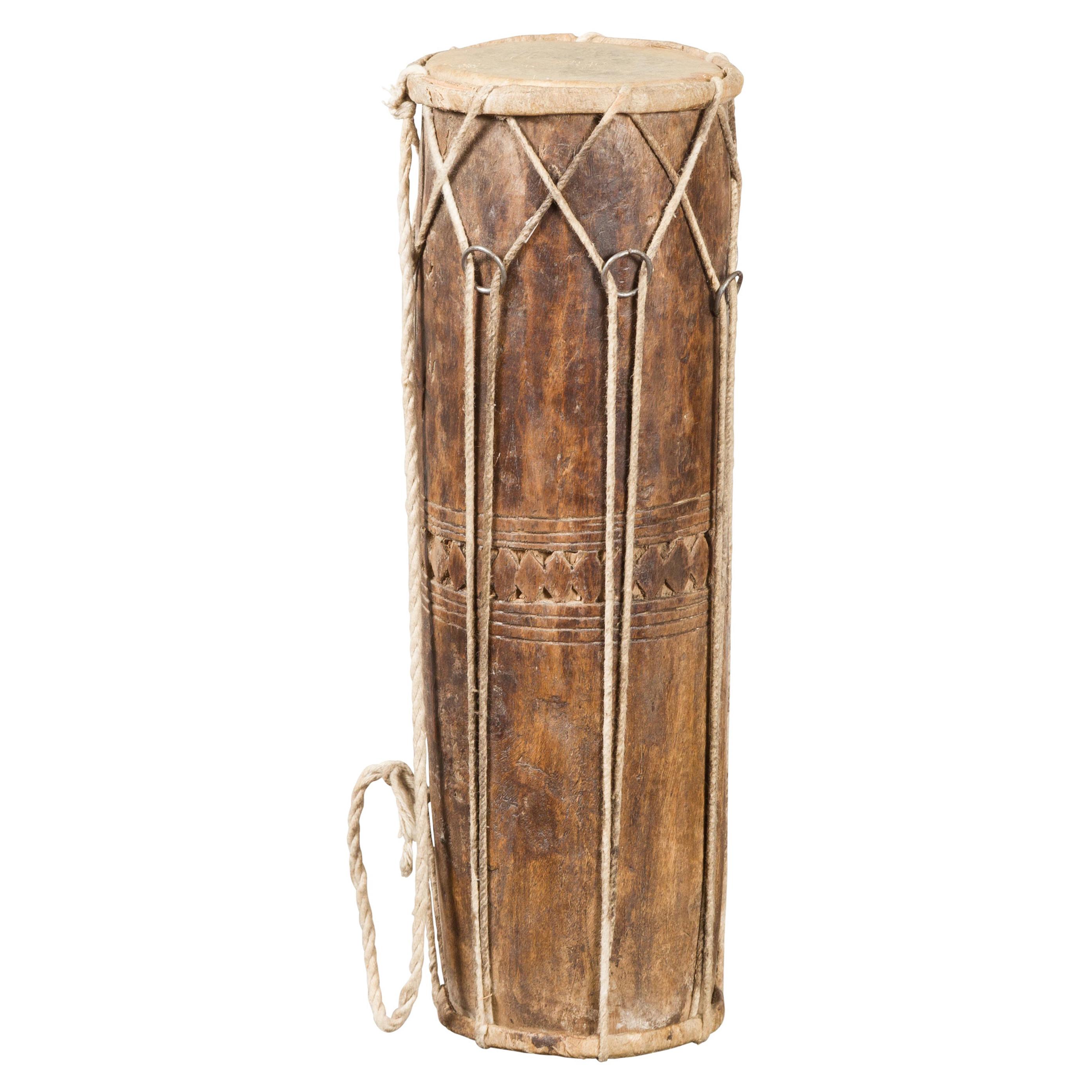 19th Century Northern Thai Ceremonial Drum with Ropes and Leather Drumhead