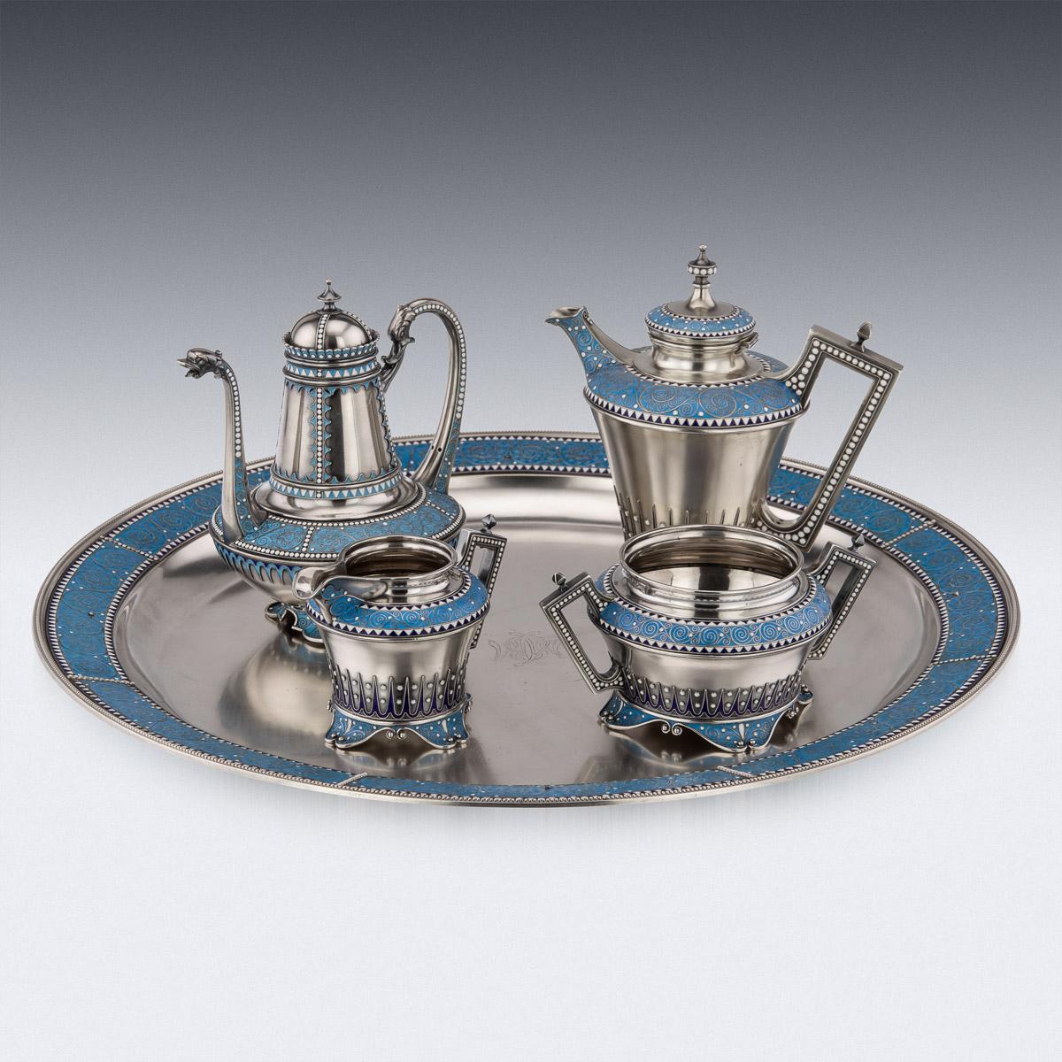 19th century Norwegian solid silver & cloisonneé-enamel tea service on tray, comprised of a coffee pot, teapot, sugar bowl, cream jug and six cups with saucers on a large serving tray, decorated with blue turquoise enamel on wirework floral scrolls,