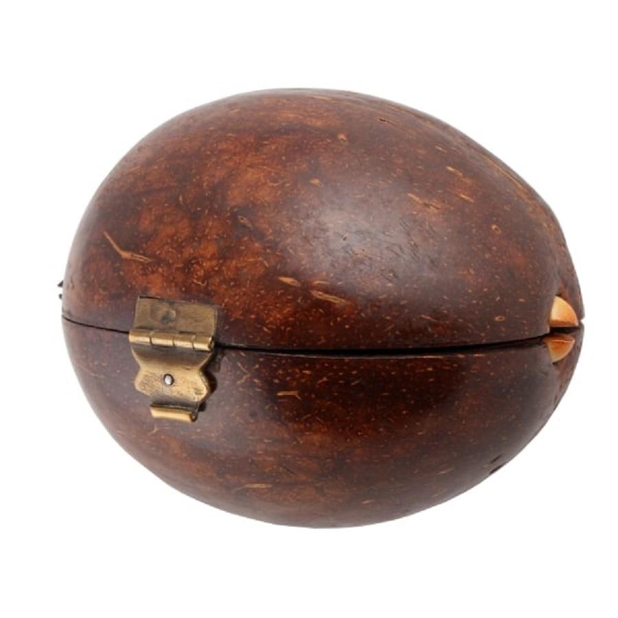 A 19th century Victorian 'Nut' box.

The box has been made out of the shell case of a large nut, probably a coconut.

The box has a brass hinge and clasp and is part lined in a burgundy coloured velvet.

The box is in good condition. (Circa
