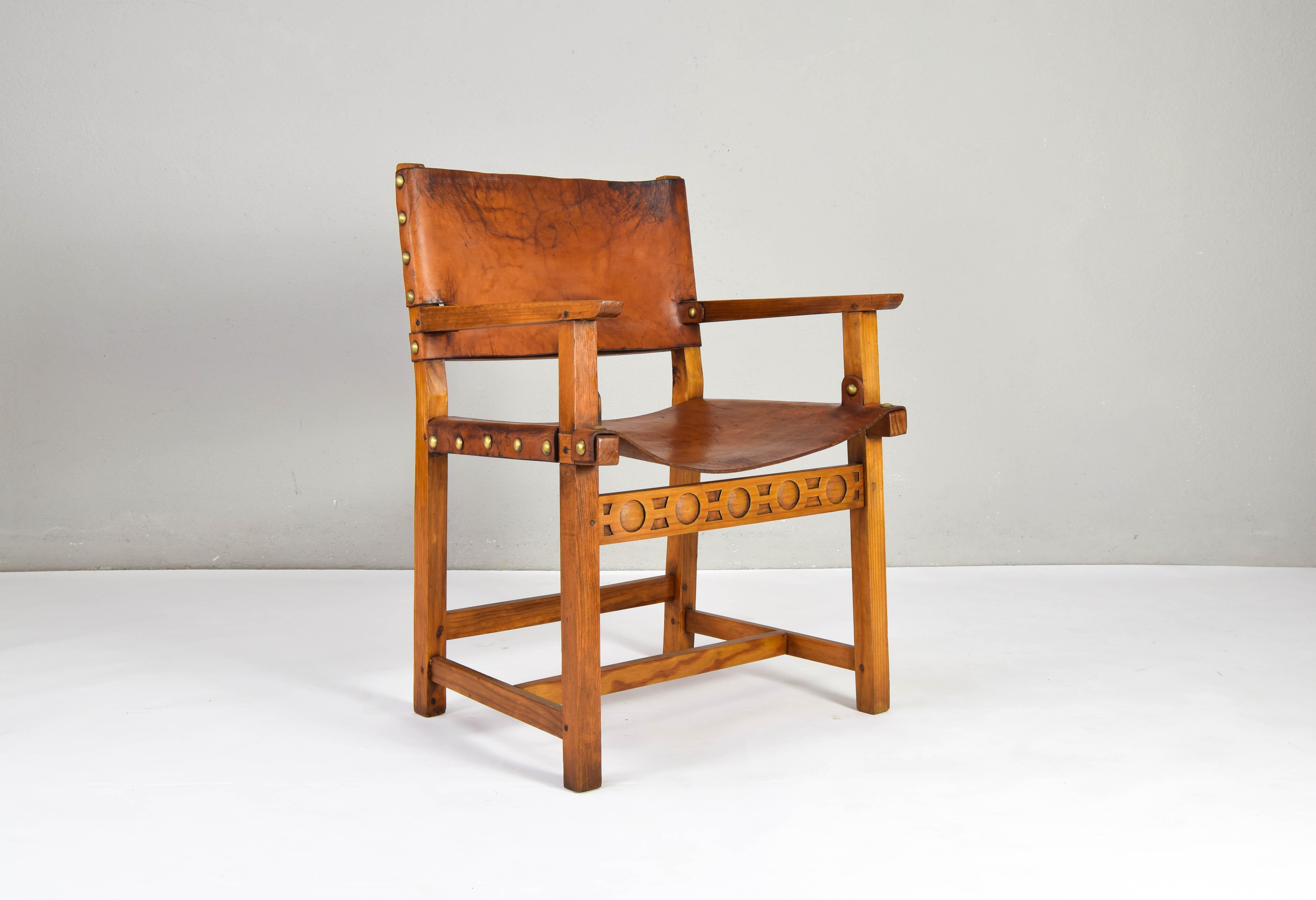 19th Century Oak and Cognac Leather Brutalist Castellana Spanish Armchair For Sale 8