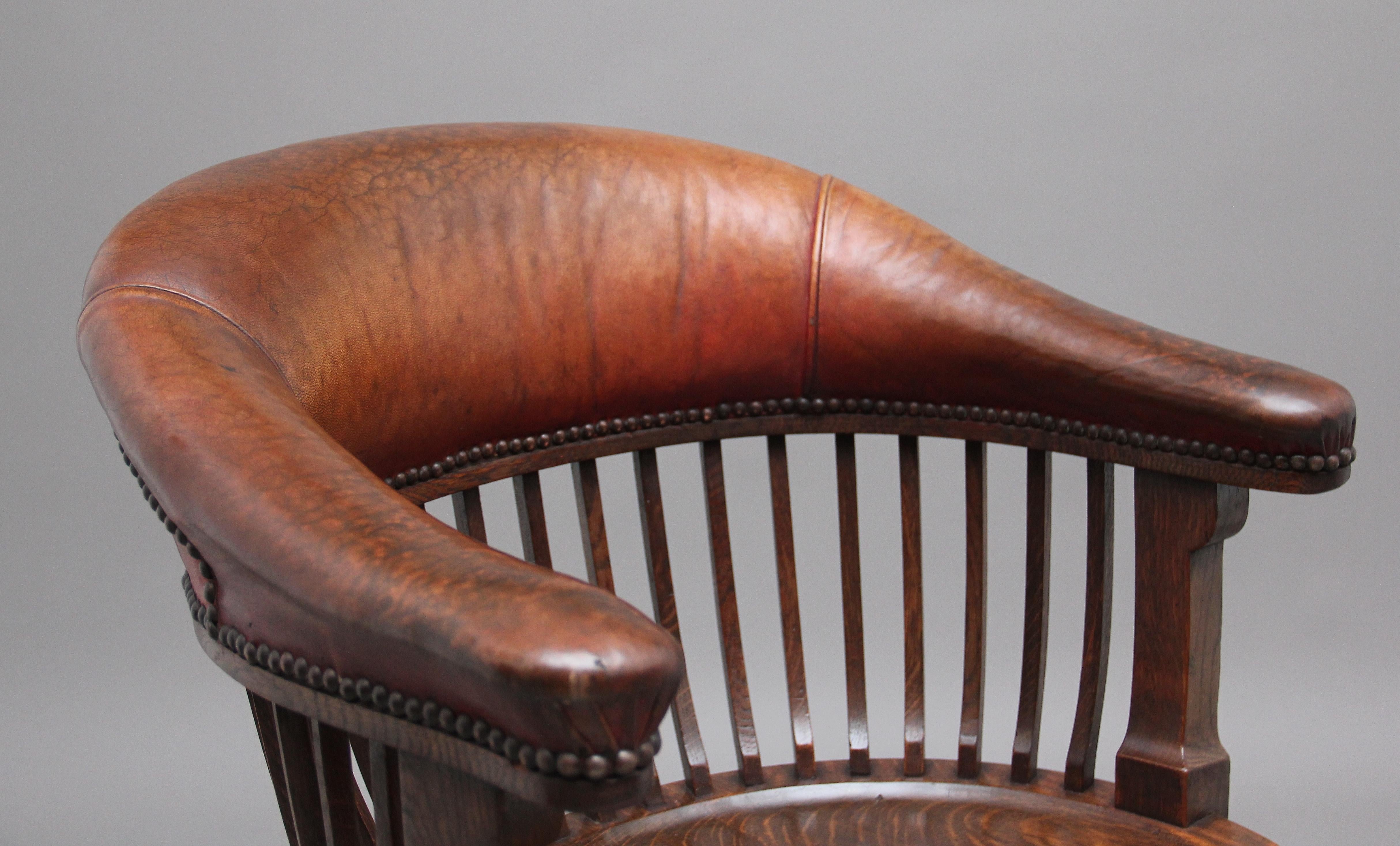 19th Century Oak and Leather Swivel Desk Chair 2
