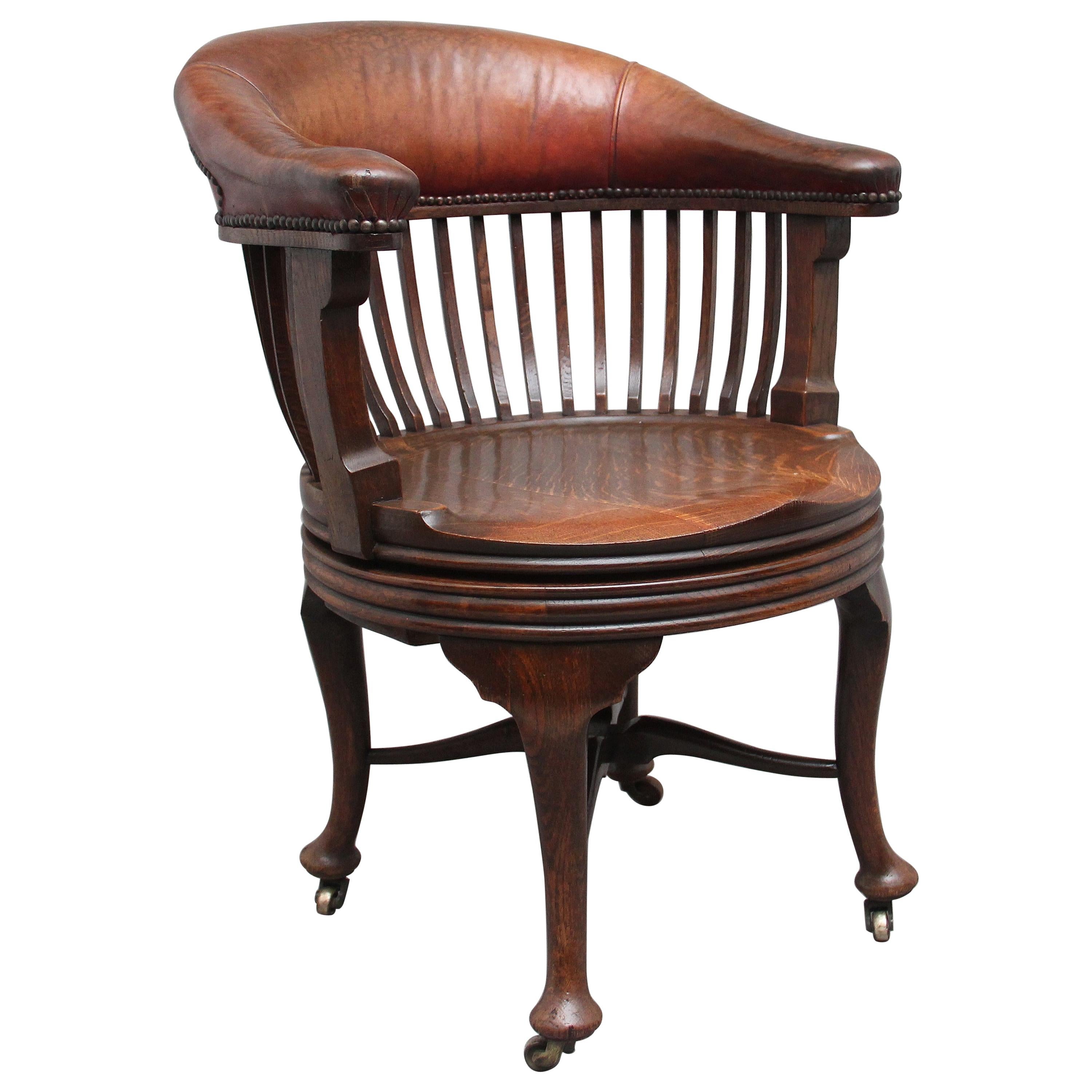 19th Century Oak and Leather Swivel Desk Chair