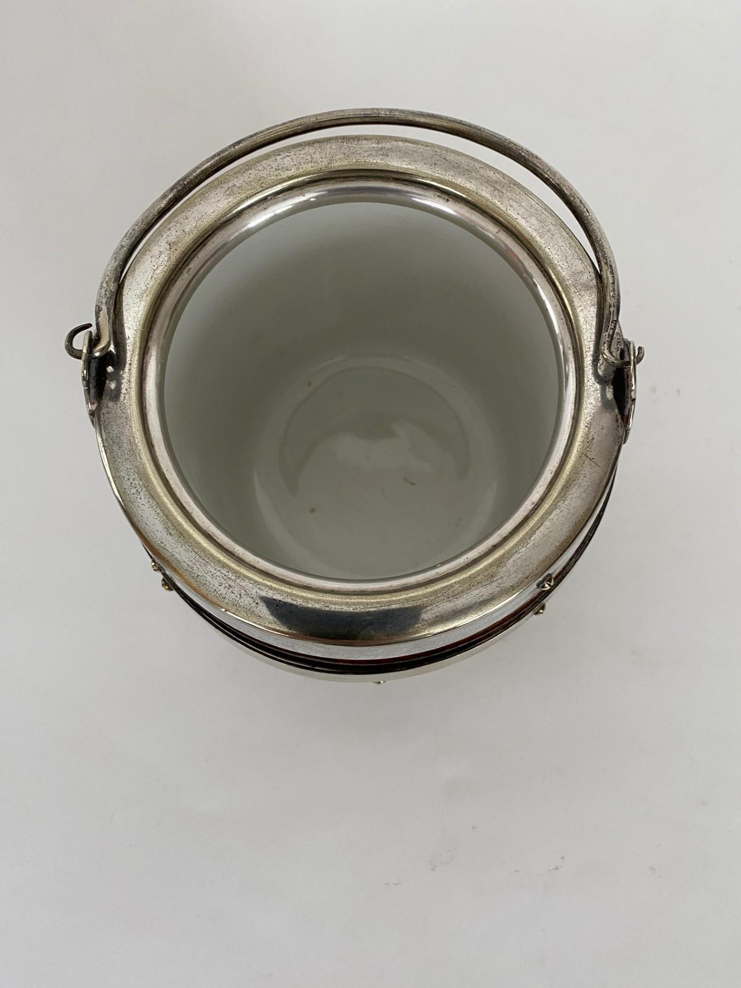 19th Century Oak Biscuit Barrel with Silver Plate Bands & Top. Ceramic Liner For Sale 4