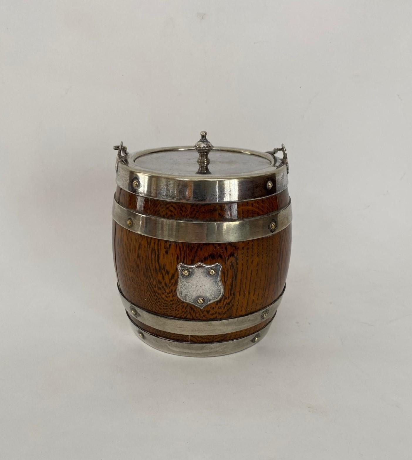 19th Century Oak Biscuit Barrel with Silver Plate Bands & Top. Ceramic Liner For Sale 7