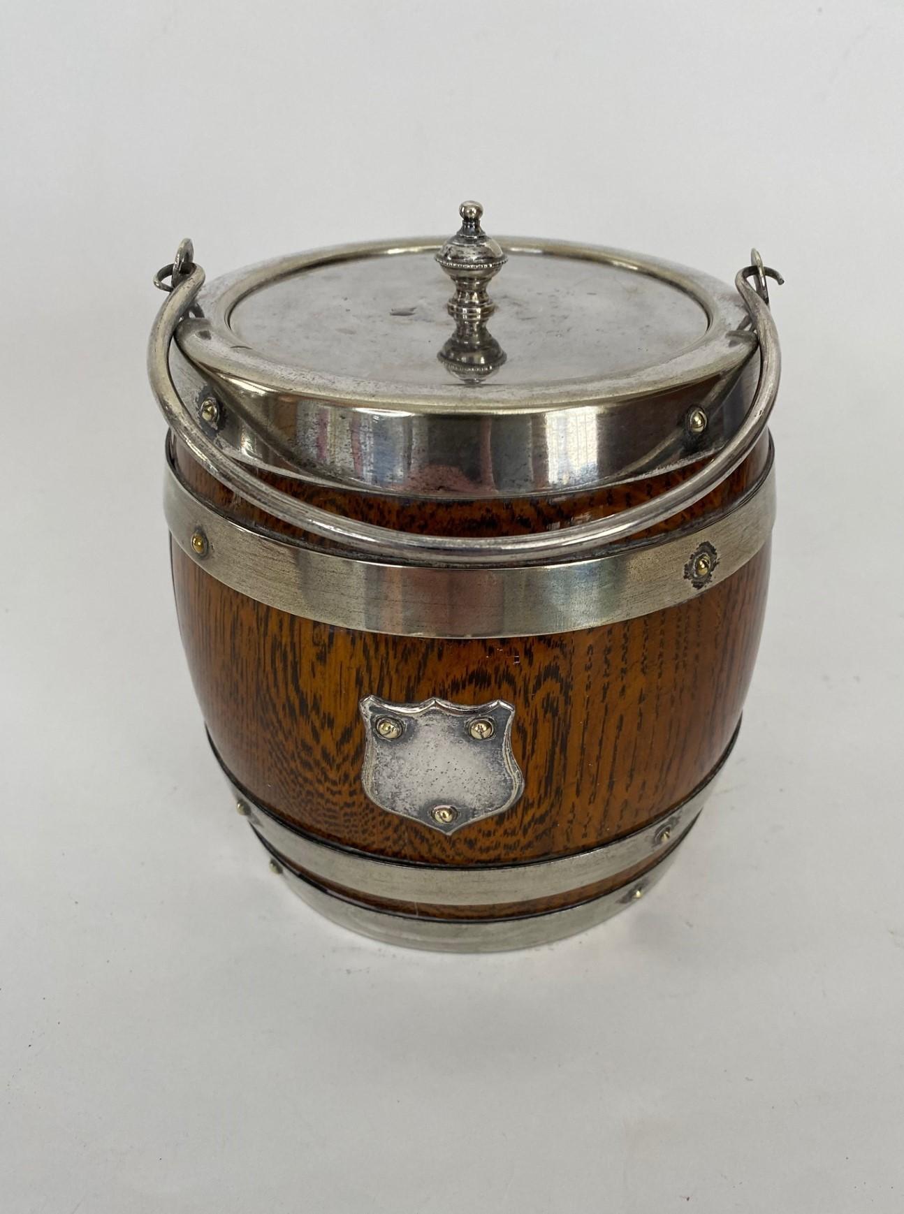 Victorian 19th Century Oak Biscuit Barrel with Silver Plate Bands & Top. Ceramic Liner For Sale
