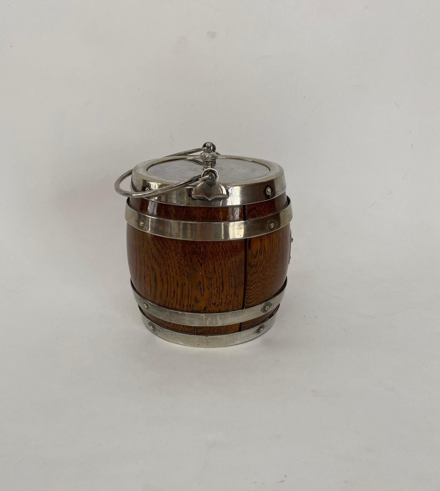 English 19th Century Oak Biscuit Barrel with Silver Plate Bands & Top. Ceramic Liner For Sale