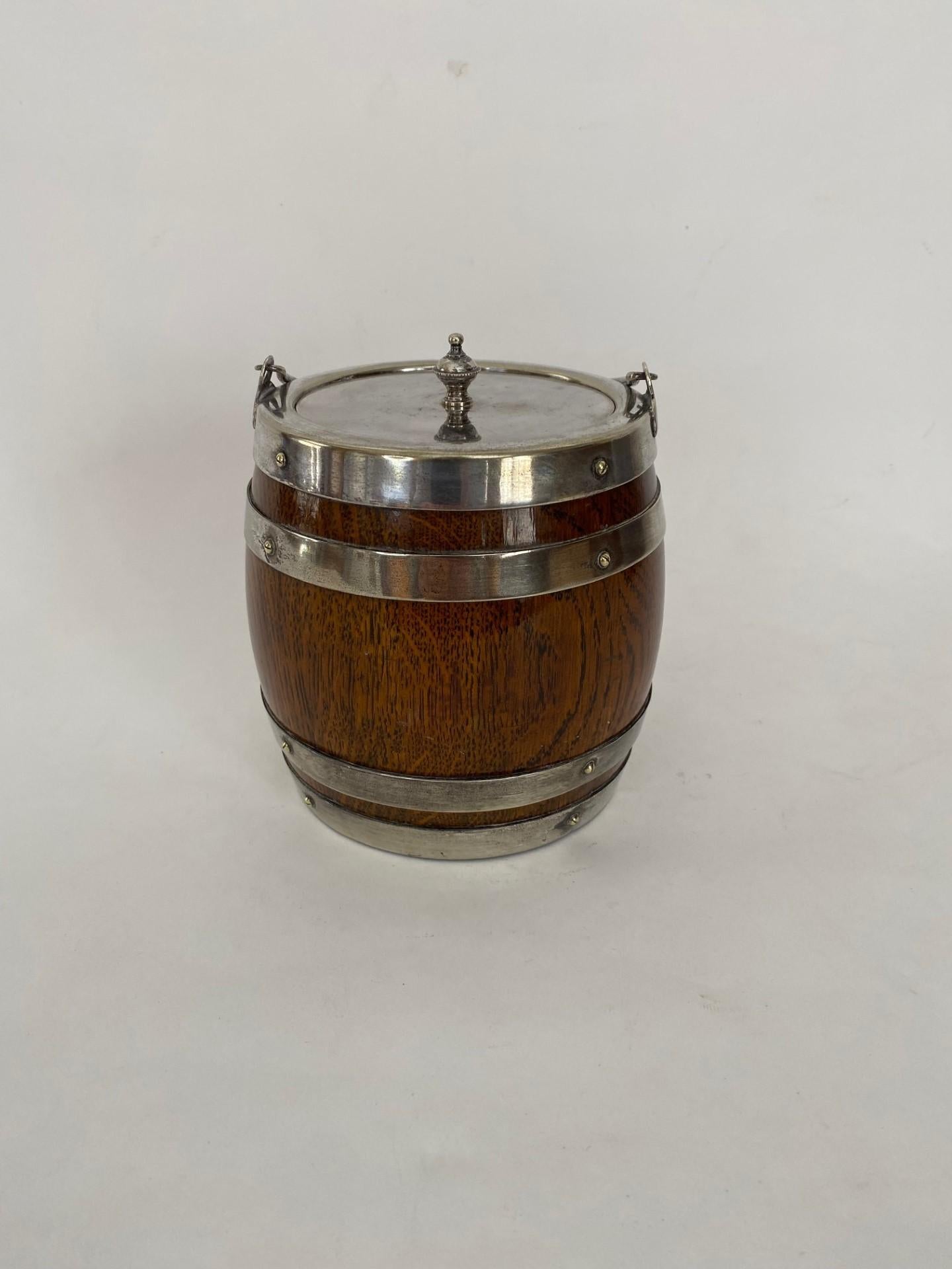 Embossed 19th Century Oak Biscuit Barrel with Silver Plate Bands & Top. Ceramic Liner For Sale