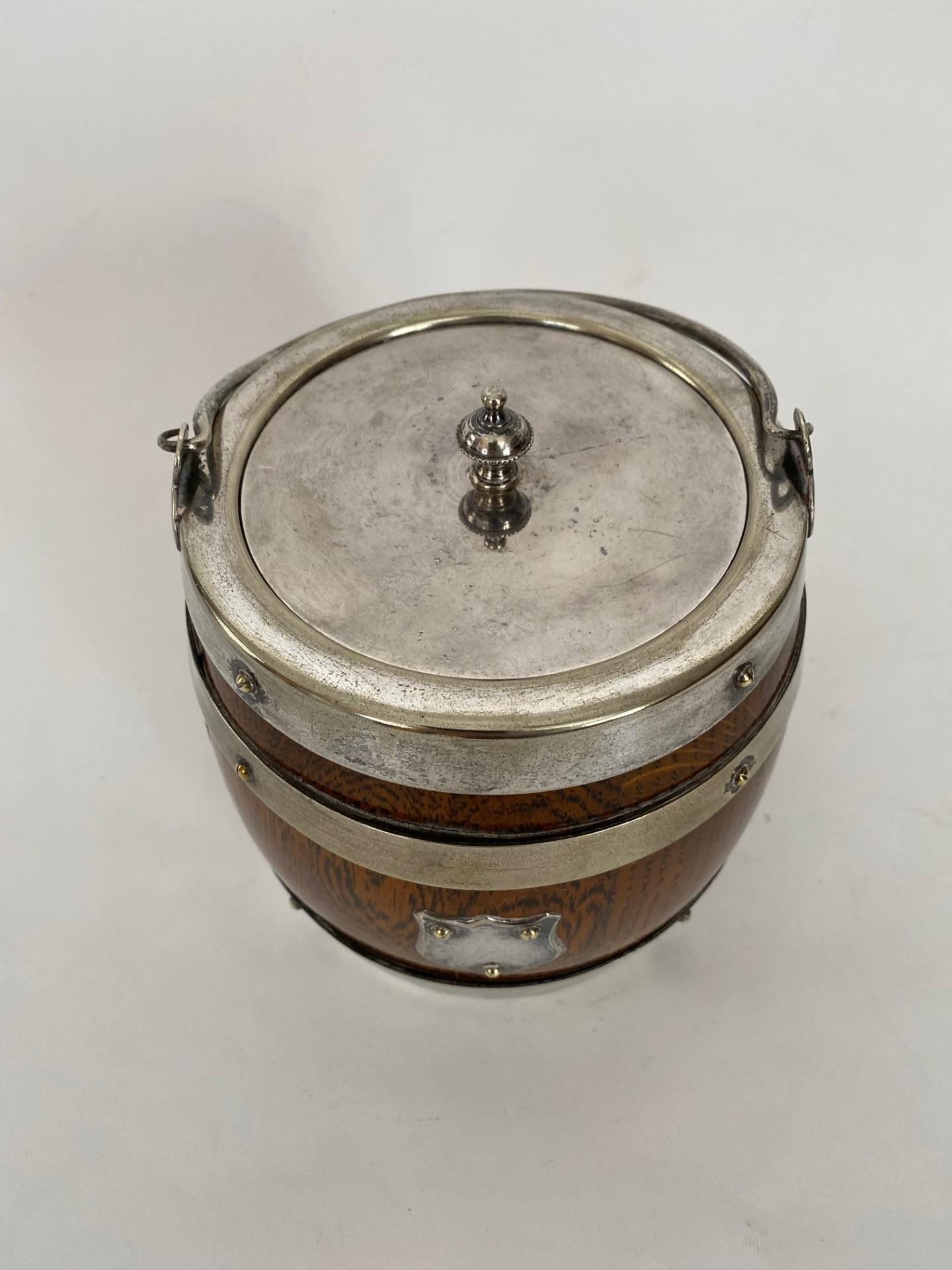 19th Century Oak Biscuit Barrel with Silver Plate Bands & Top. Ceramic Liner In Good Condition For Sale In North Salem, NY