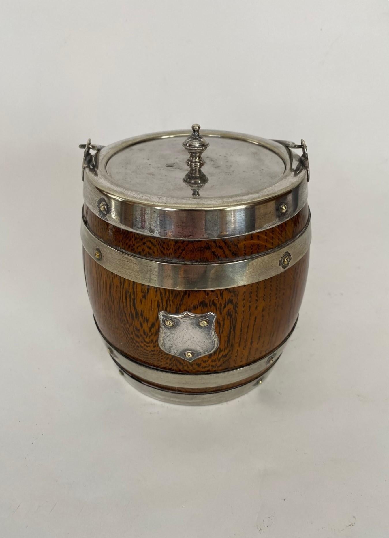 19th Century Oak Biscuit Barrel with Silver Plate Bands & Top. Ceramic Liner For Sale 1