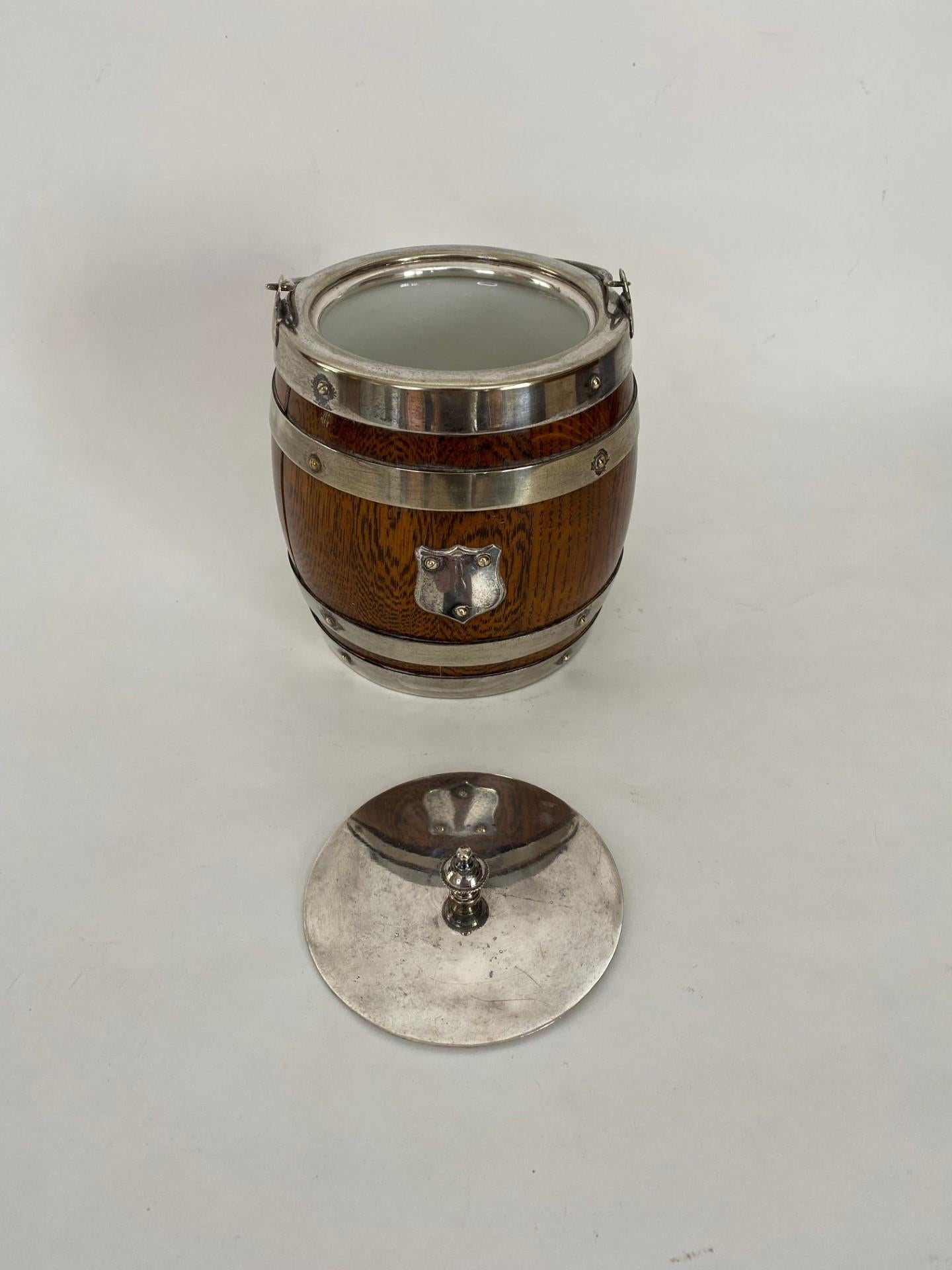 19th Century Oak Biscuit Barrel with Silver Plate Bands & Top. Ceramic Liner For Sale 2
