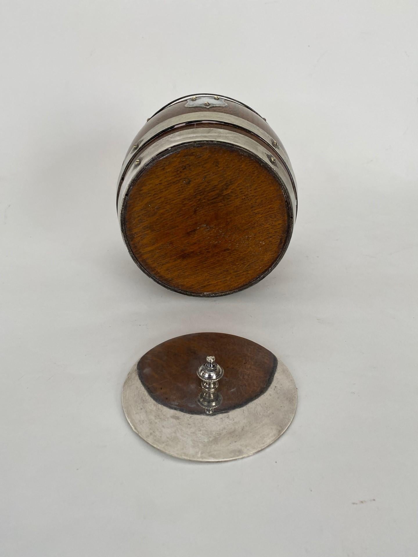 19th Century Oak Biscuit Barrel with Silver Plate Bands & Top. Ceramic Liner For Sale 3