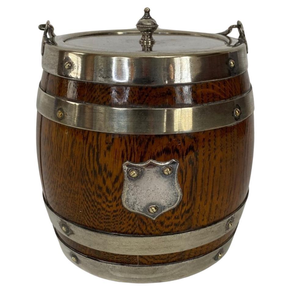 19th Century Oak Biscuit Barrel with Silver Plate Bands & Top. Ceramic Liner For Sale