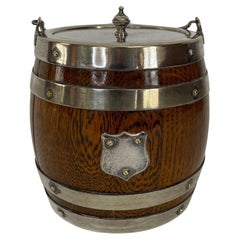 19th Century Oak Biscuit Barrel with Silver Plate Bands & Top. Ceramic Liner