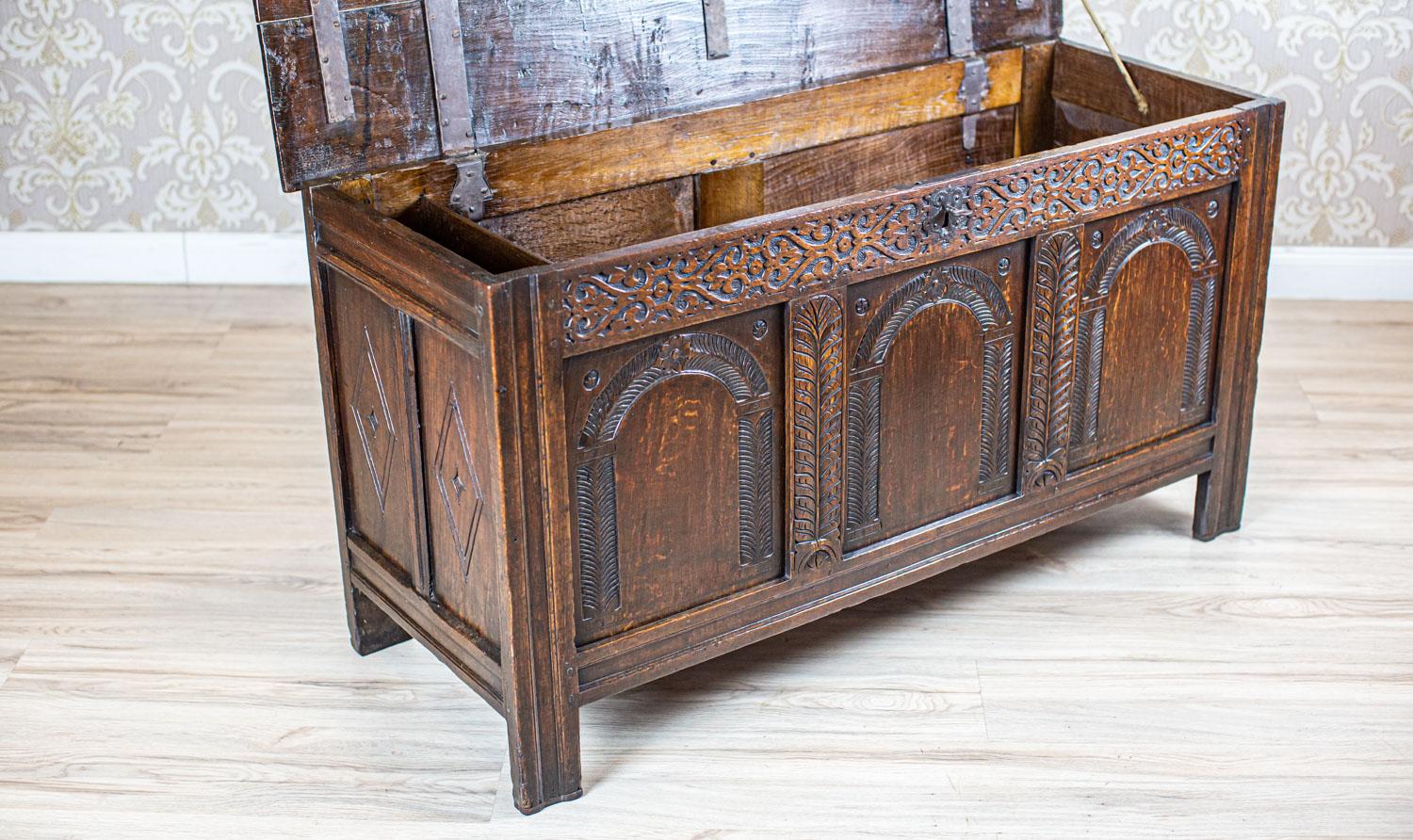 19th Century 19th-Century Oak Cassone in Carved Floral Patterns For Sale