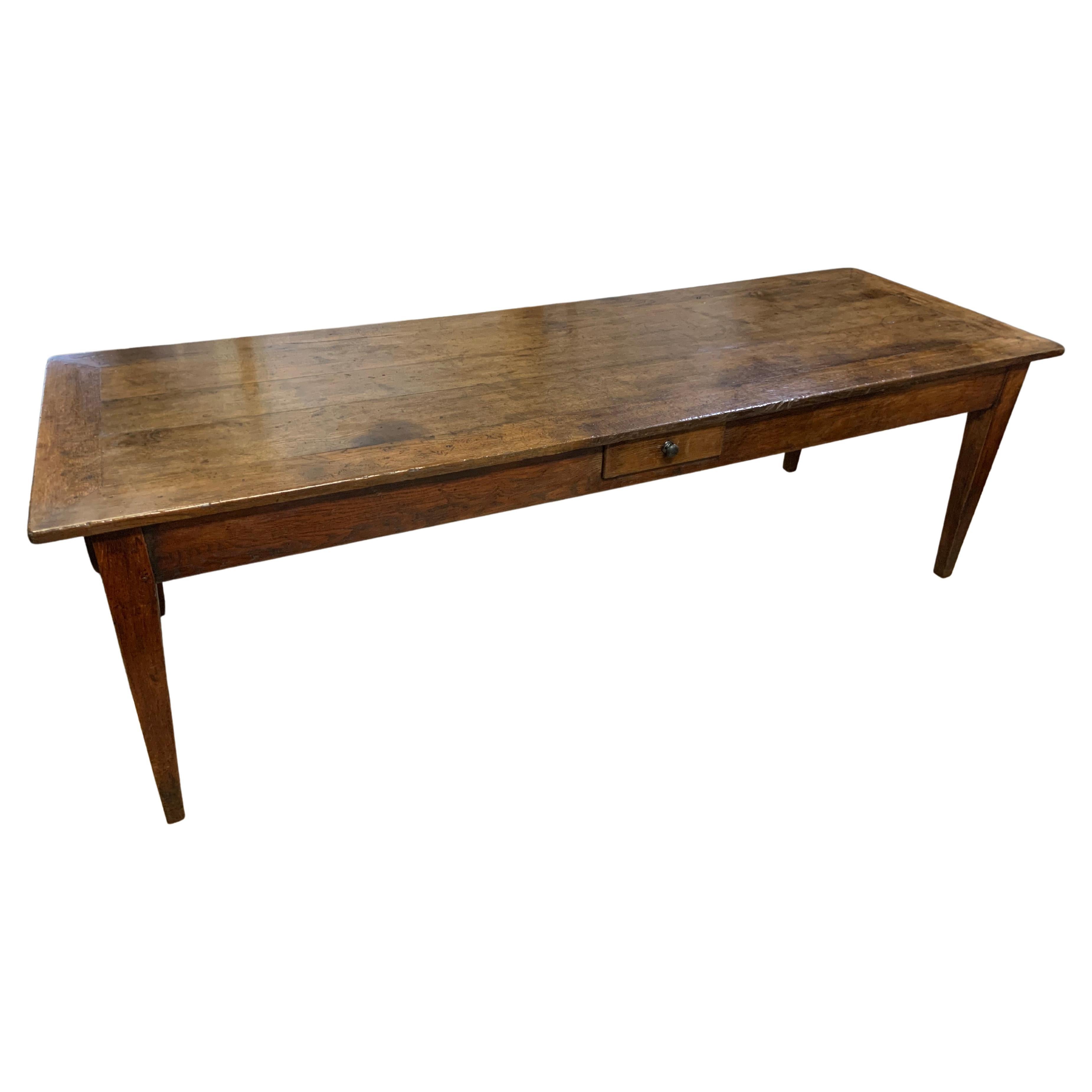 19th Century Oak Dining Table With Two Drawers and Tapered Legs