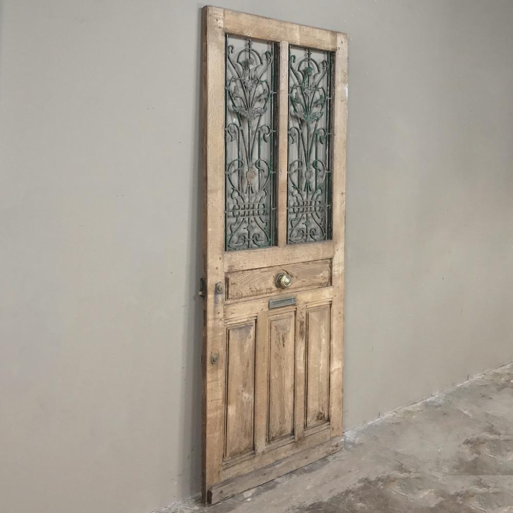 Art Nouveau 19th Century Oak Entry Door with Wrought Iron
