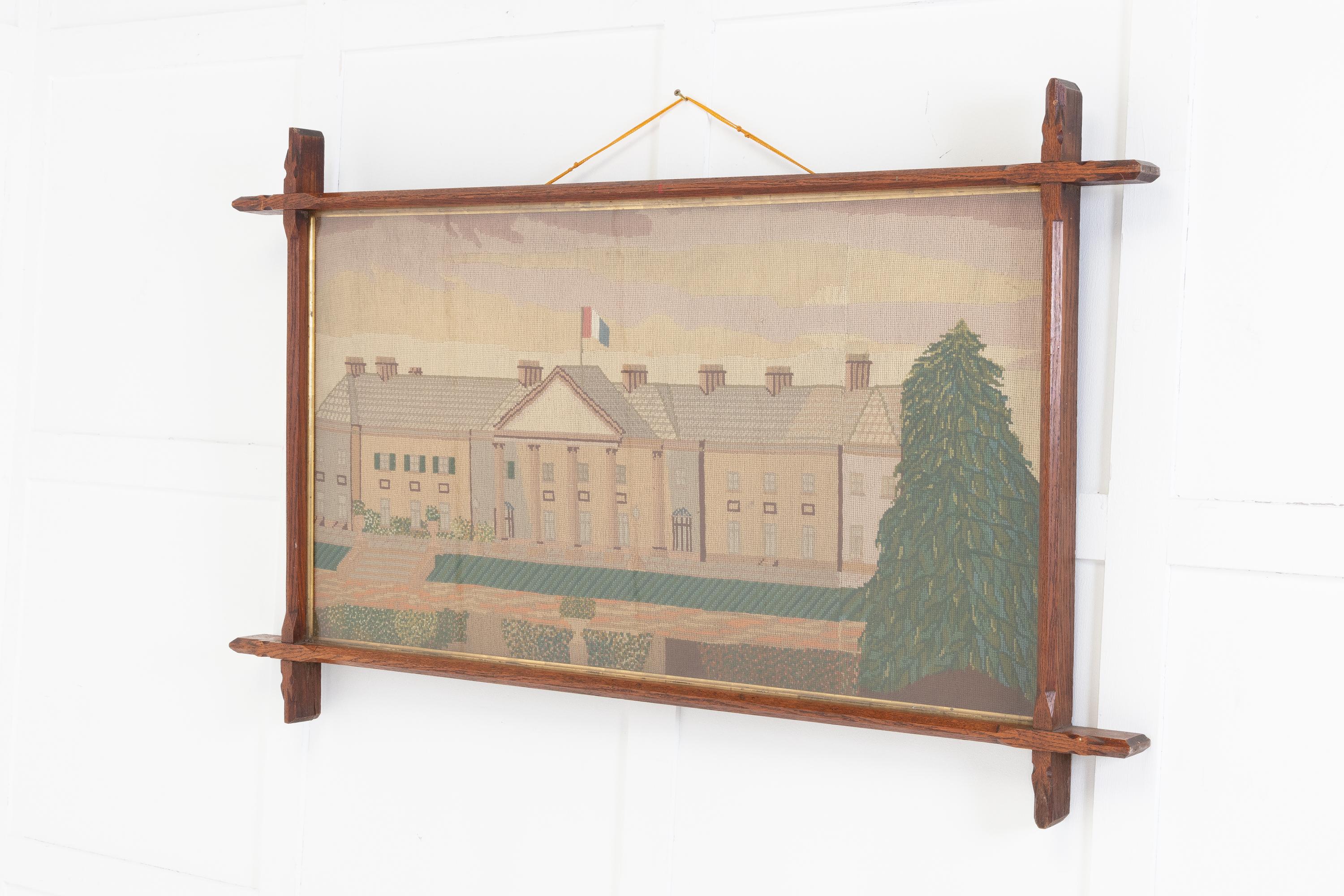 A charming 19th Century framed needlepoint tapestry in wool, it is in its original oak frame which has protected it very well. The rustic scene is a French chateau.

A time worn picture, with a charmingly naive appeal.
 