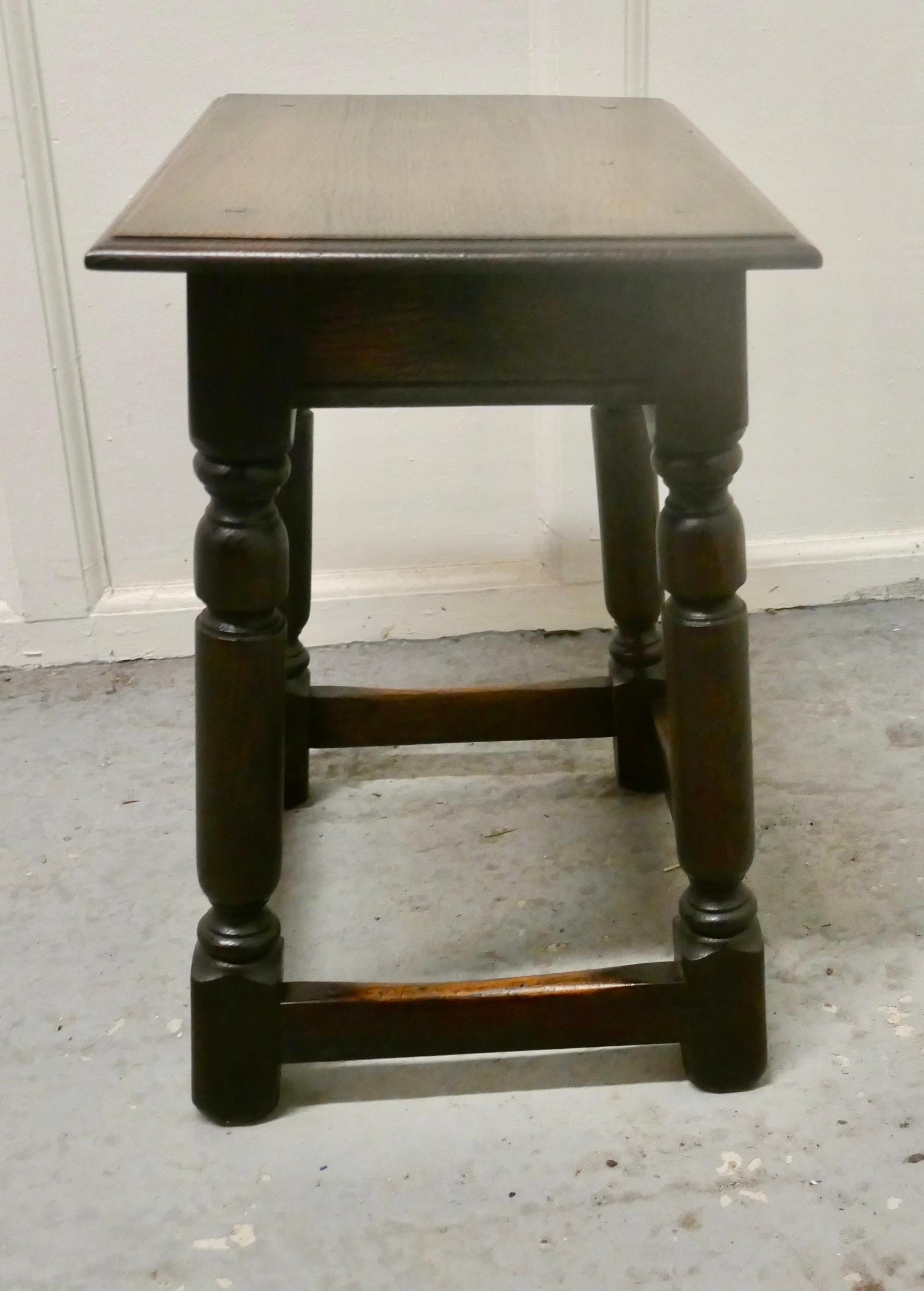 19th century oak joint stool

This a good oak joined stool a good solid stool, it has a good natural color and a lovely patina, it makes a great occasional stool, or even a small side table
The stool is 19” high, 18” wide and 11.5”
