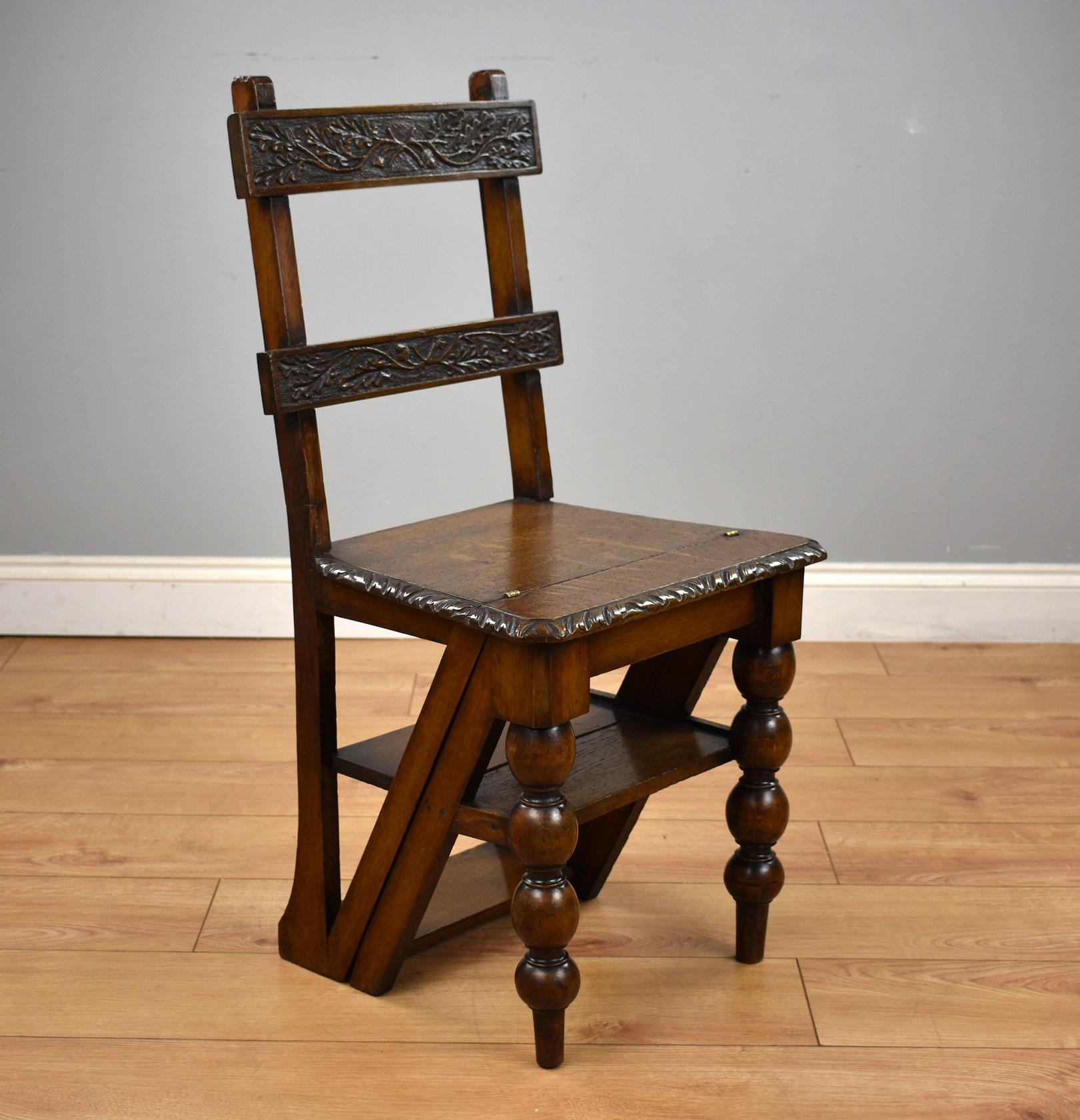 Pair 19th century chairs, one is metamorphic folding into library steps, both have nice carved back slats, with carved edge to the seats and have bobbin turned front legs.