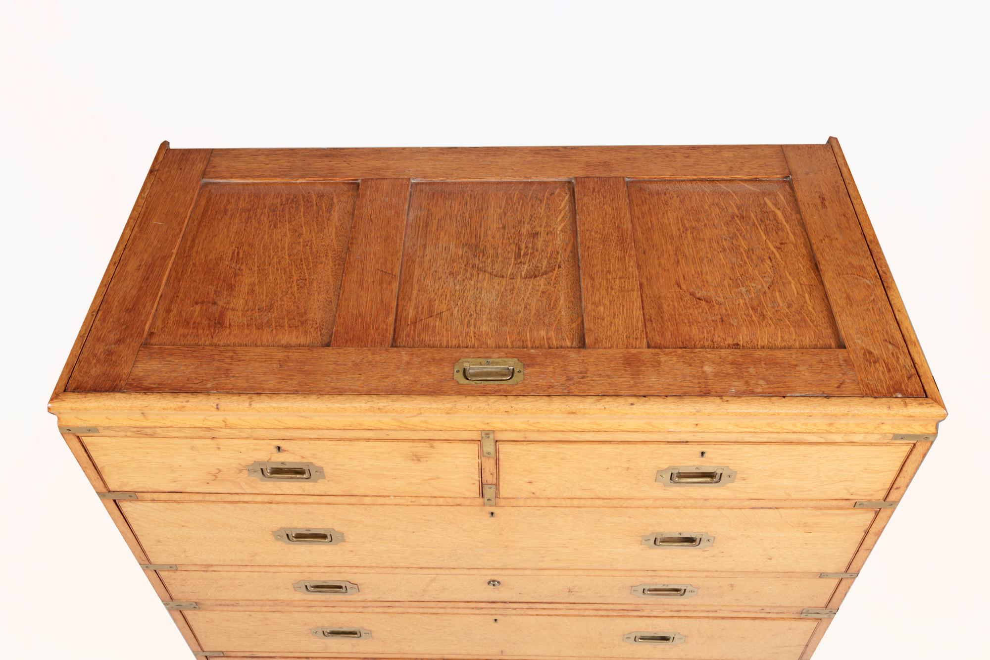 Brass 19th Century Oak Military Chest with Writing Interior For Sale