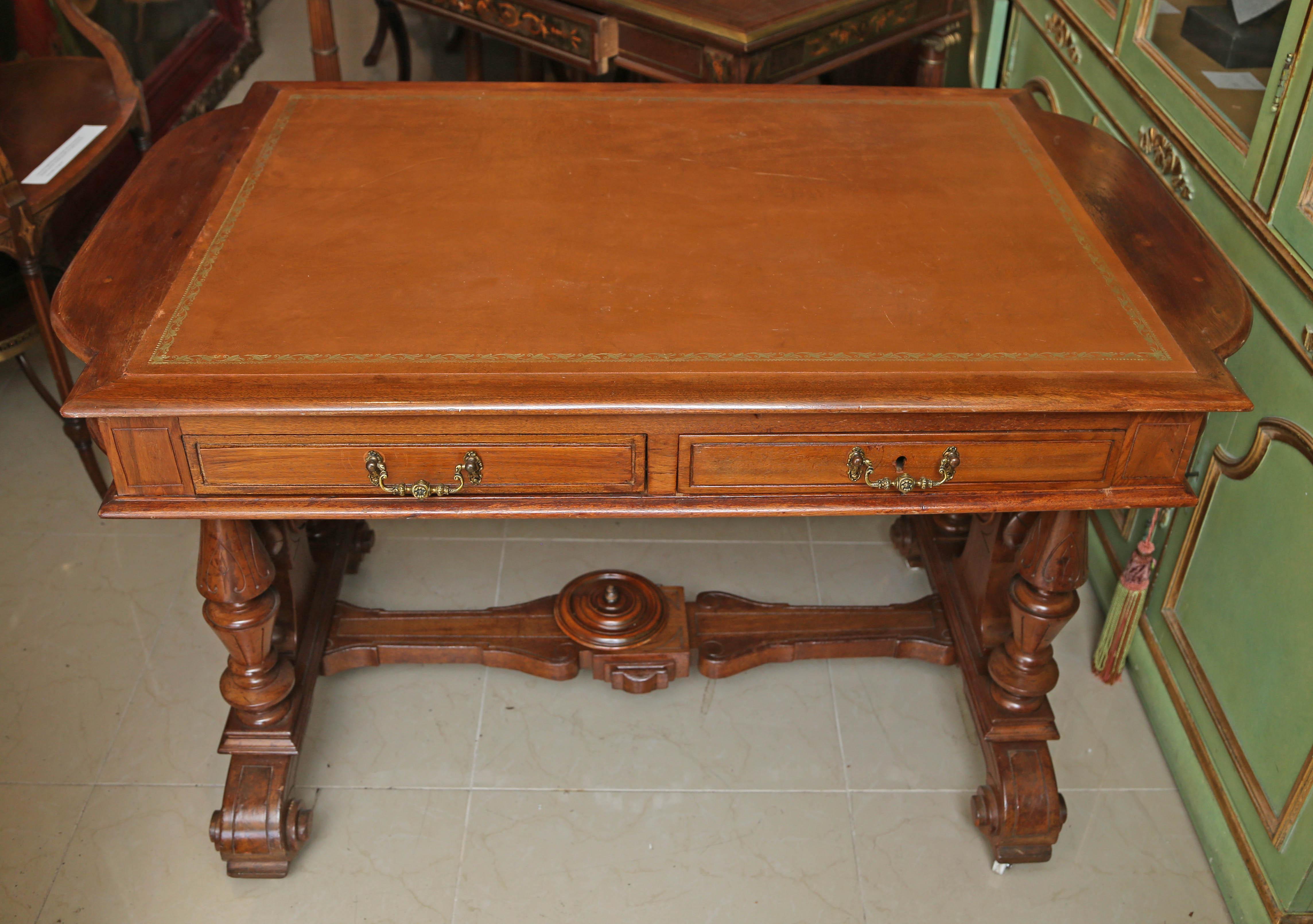 19th Century Oak Partners Desk Leather Top East lake Style Brass Handles In Good Condition In West Palm Beach, FL