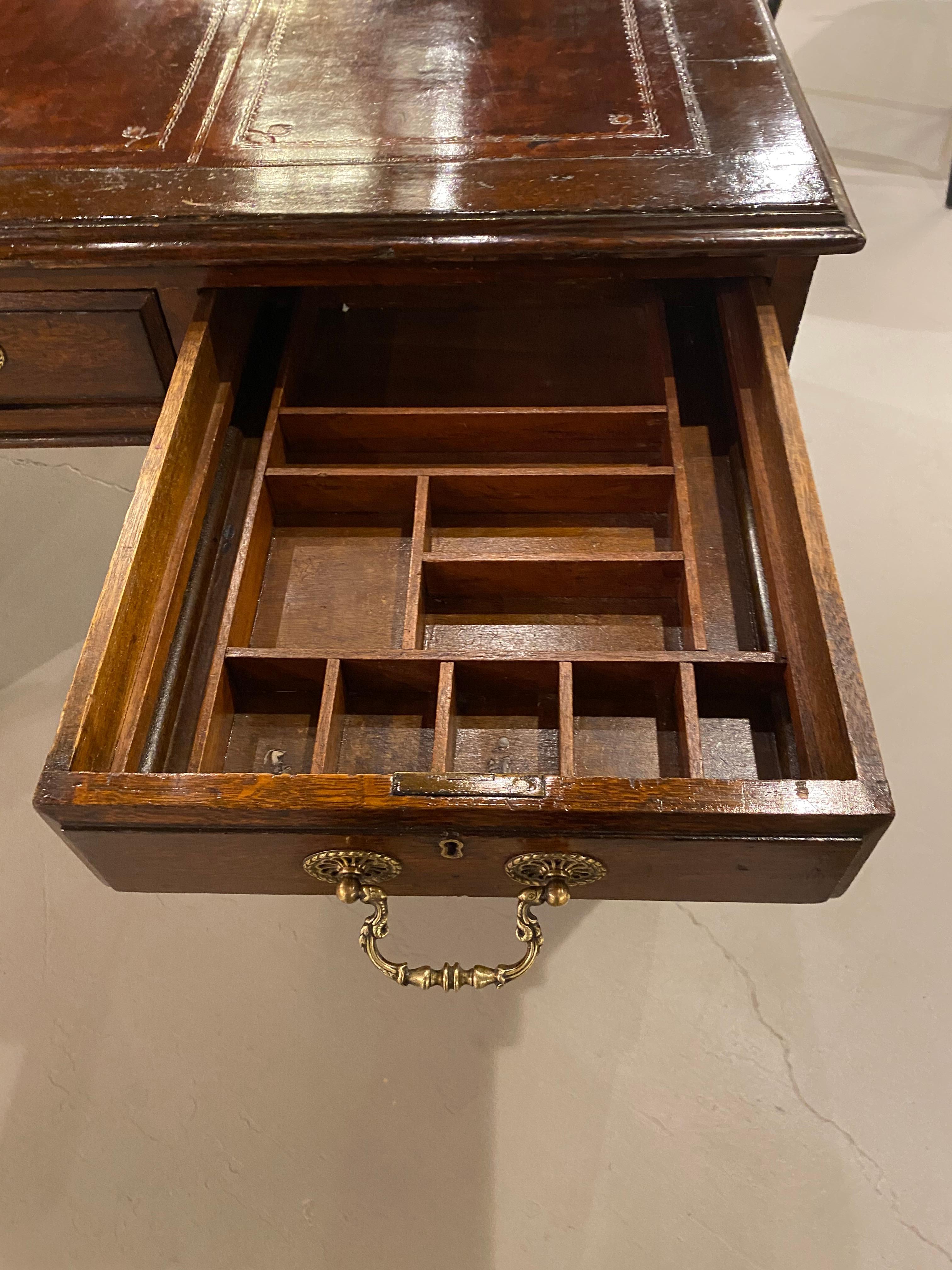 19th Century Oak Partners Desk, Leather Writing Surface, Brass Hardware For Sale 6