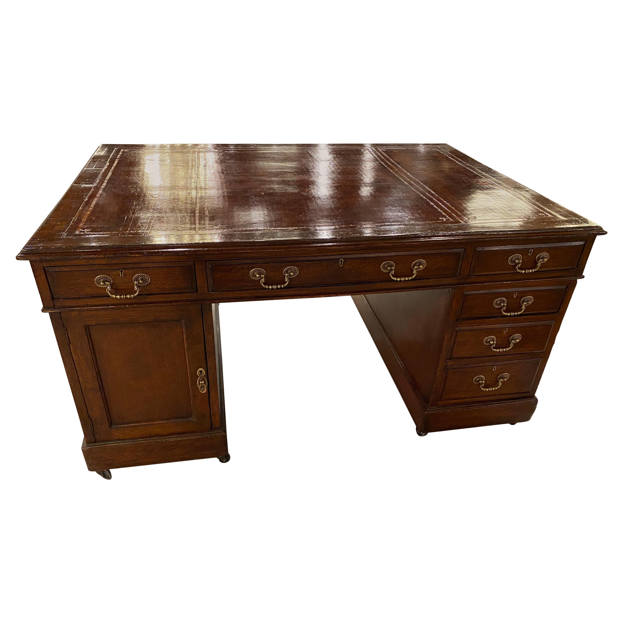19th Century Oak Partners Desk, Leather Writing Surface, Brass Hardware