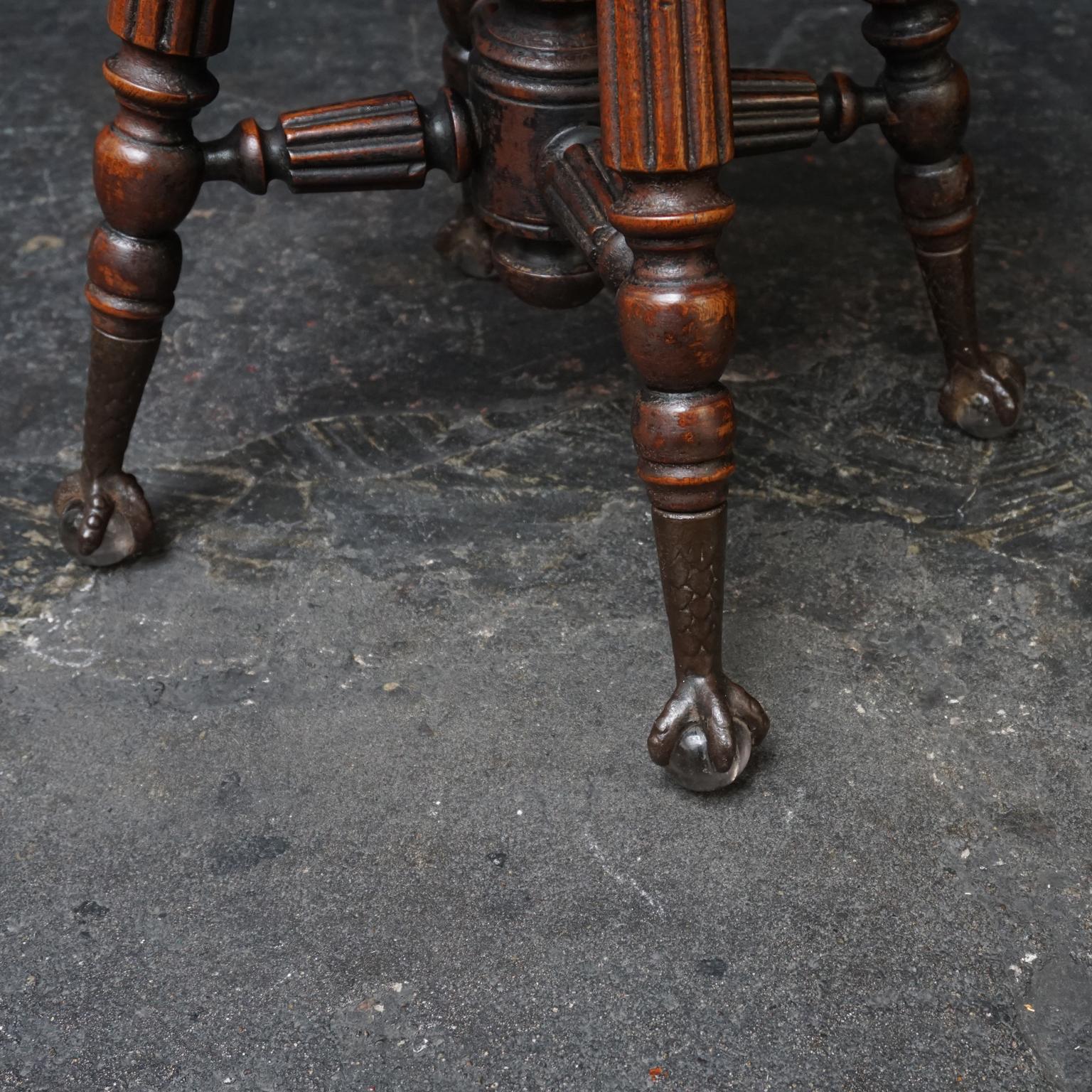 Central American 19th Century Oak Piano Stool with Claw Feet Holding Glass Ball by H.D. Bentley